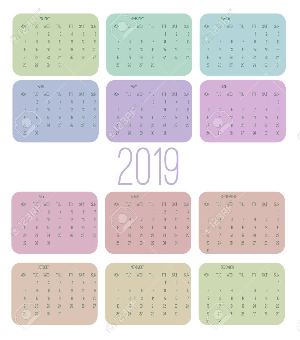 Calendar 2019, Week Starts From Sunday, Business Template Vector..