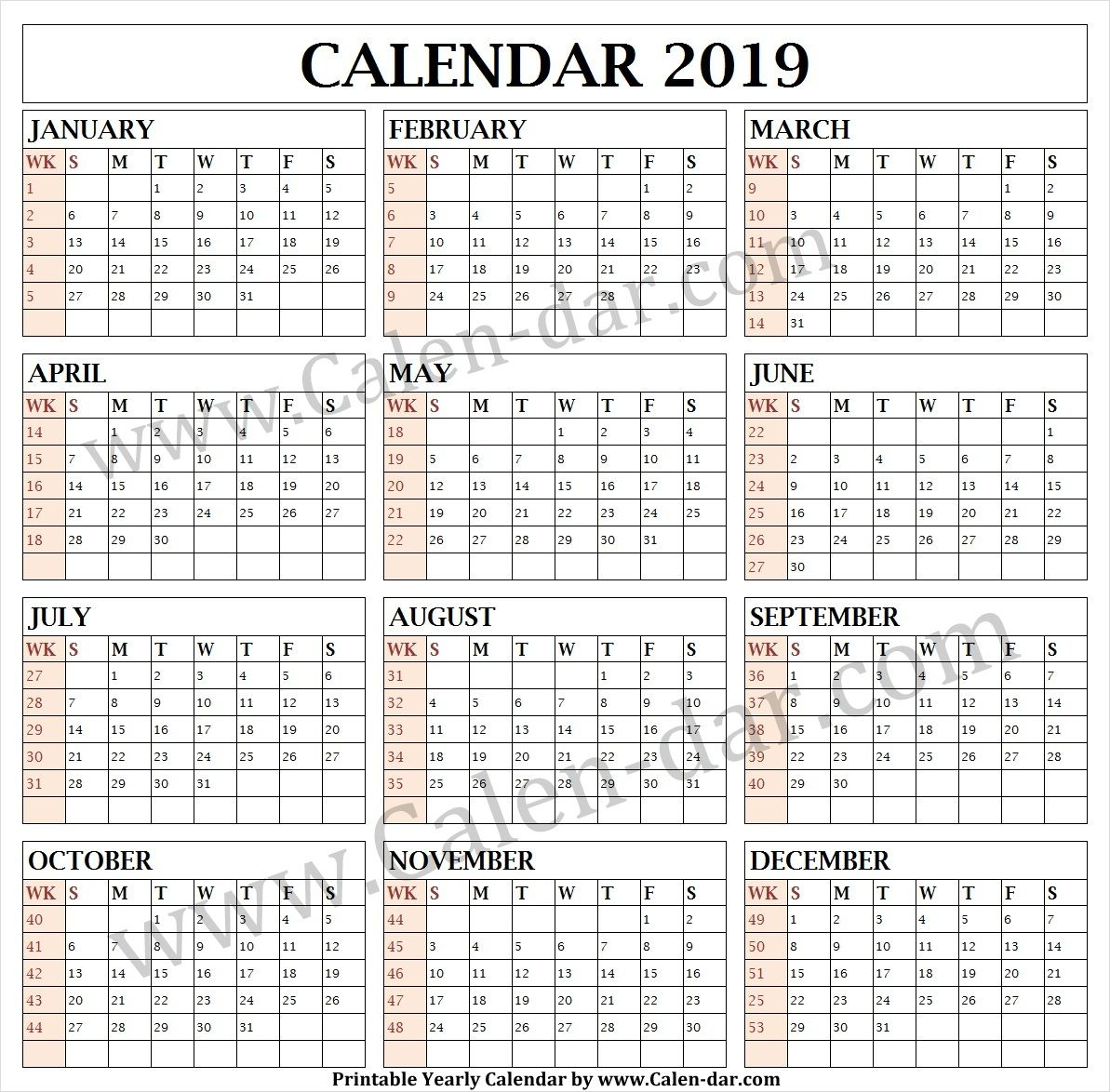 calendar with week number 2019