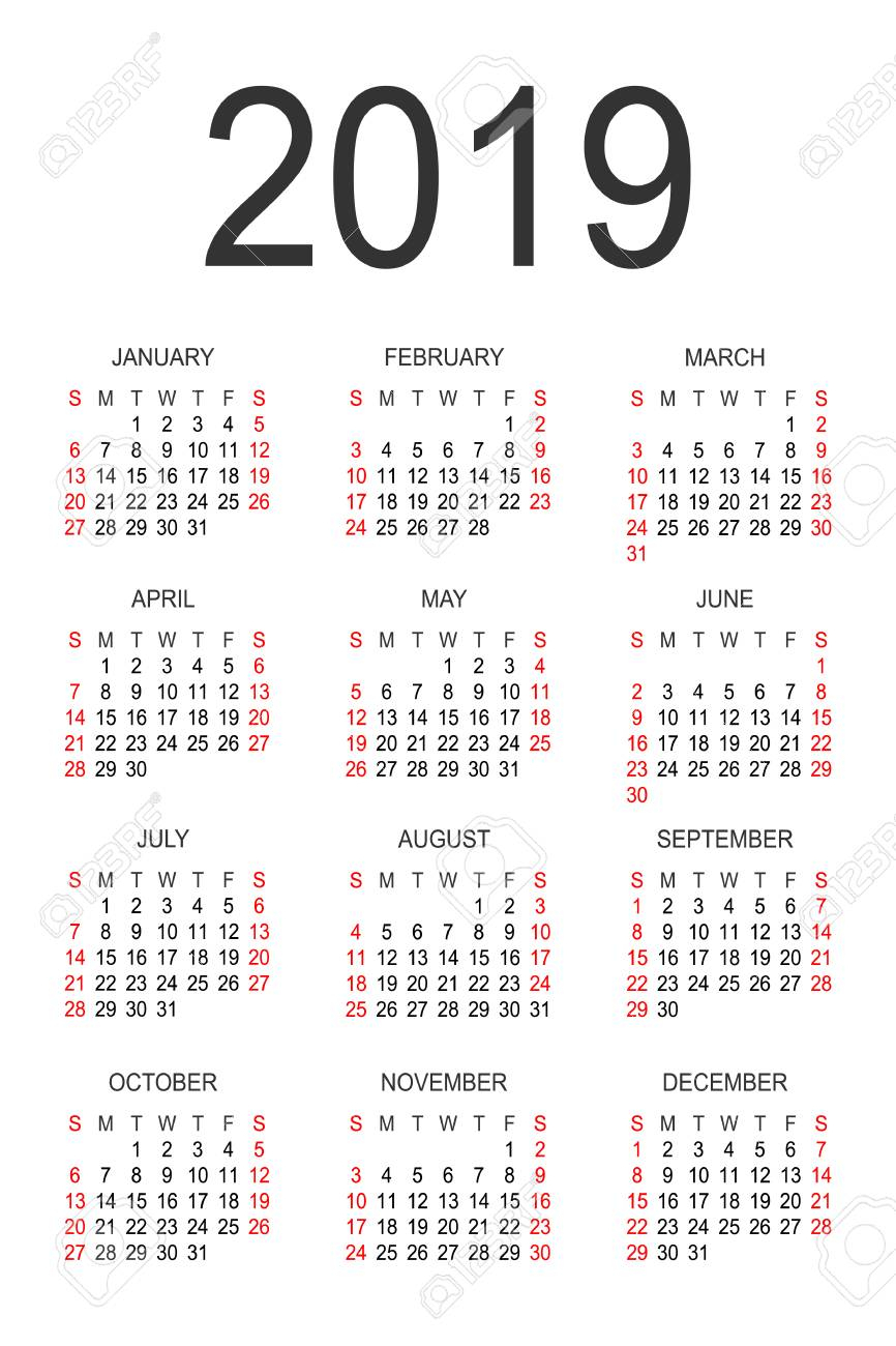 Calendar 2019 Year Vector Design Template. Simple 2019 Year Calendar