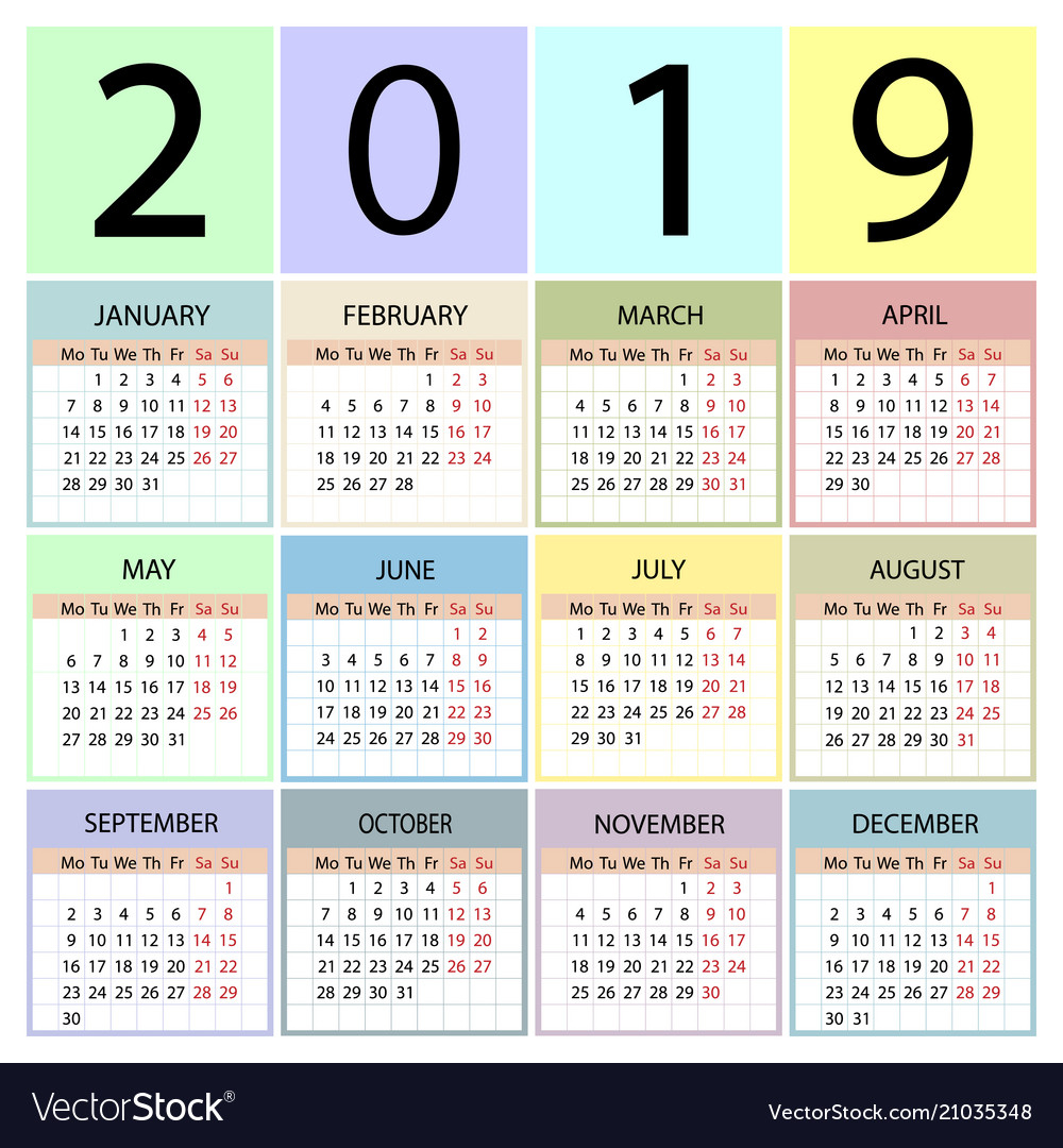 Calendar 2019 Year Week Starts With Monday