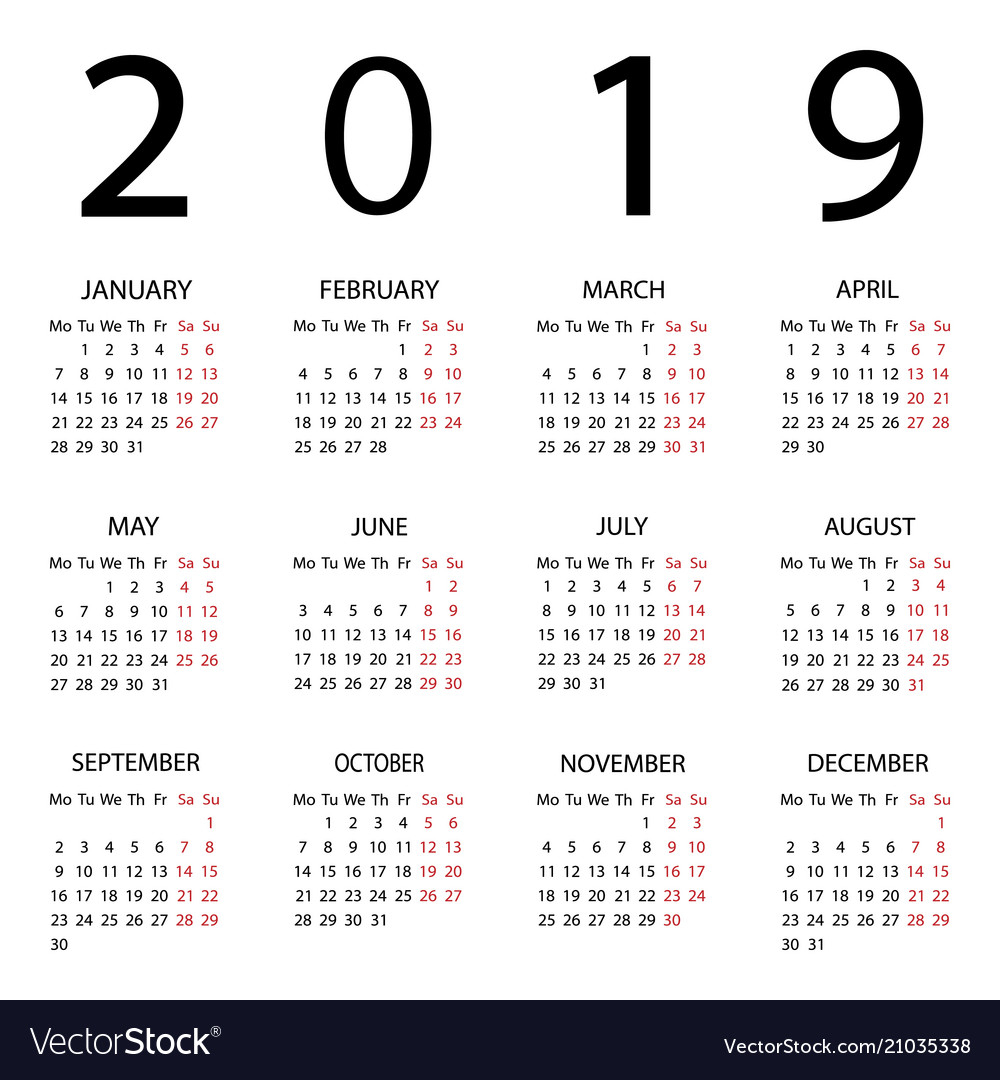 Calendar 2019 Year Week Starts With Monday