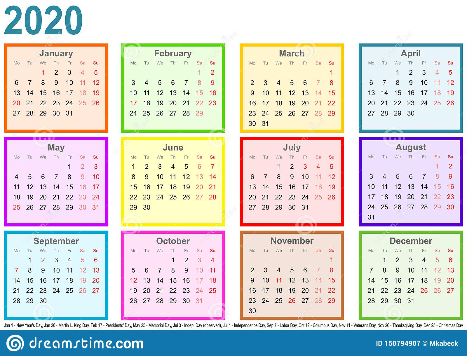 Calendar 2020 Each Month Different Colored Square Usa Stock