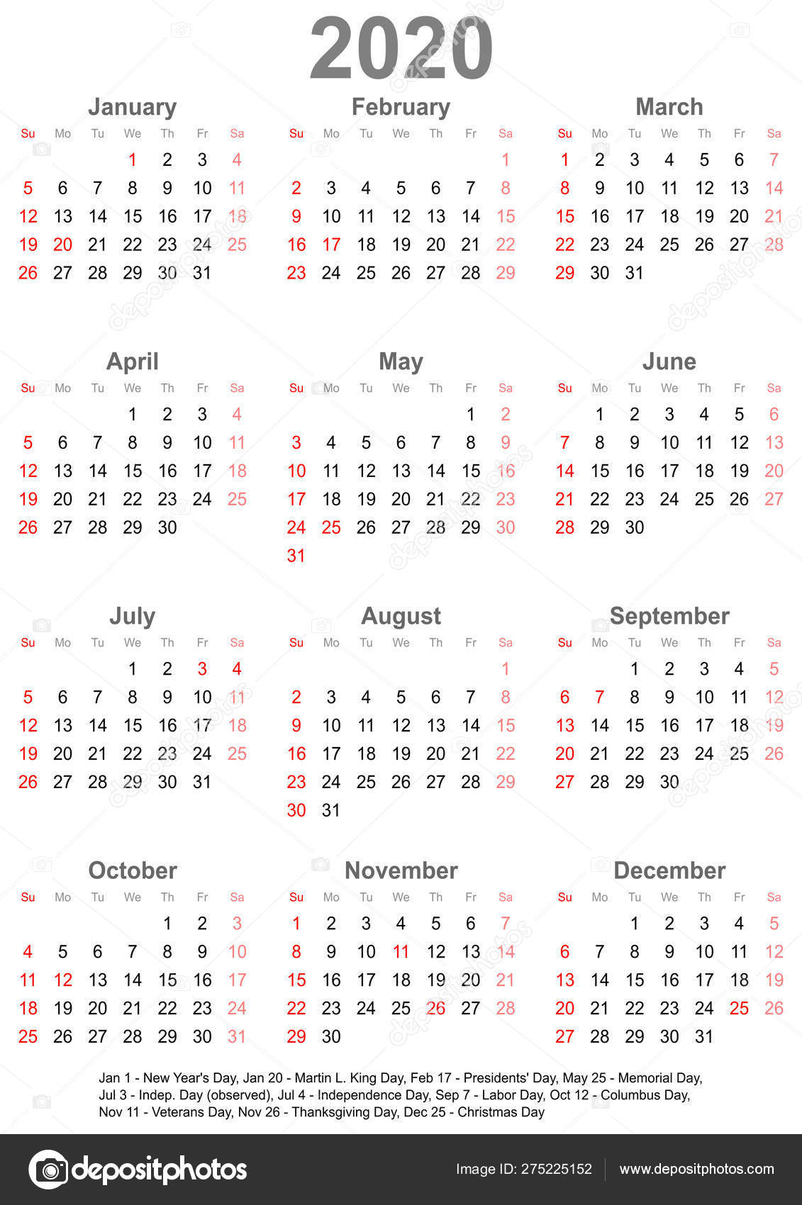 Calendar 2020 For Usa - Week Starts On Sunday — Stock Vector