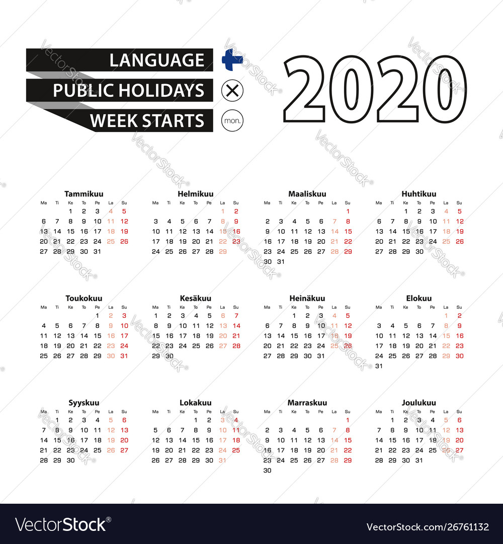 Calendar 2020 In Finnish Language Week Starts On