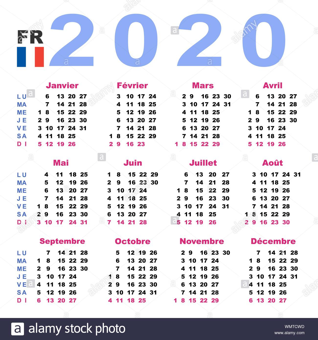 Calendar 2020 In French. Horizontal. Week Starts Monday