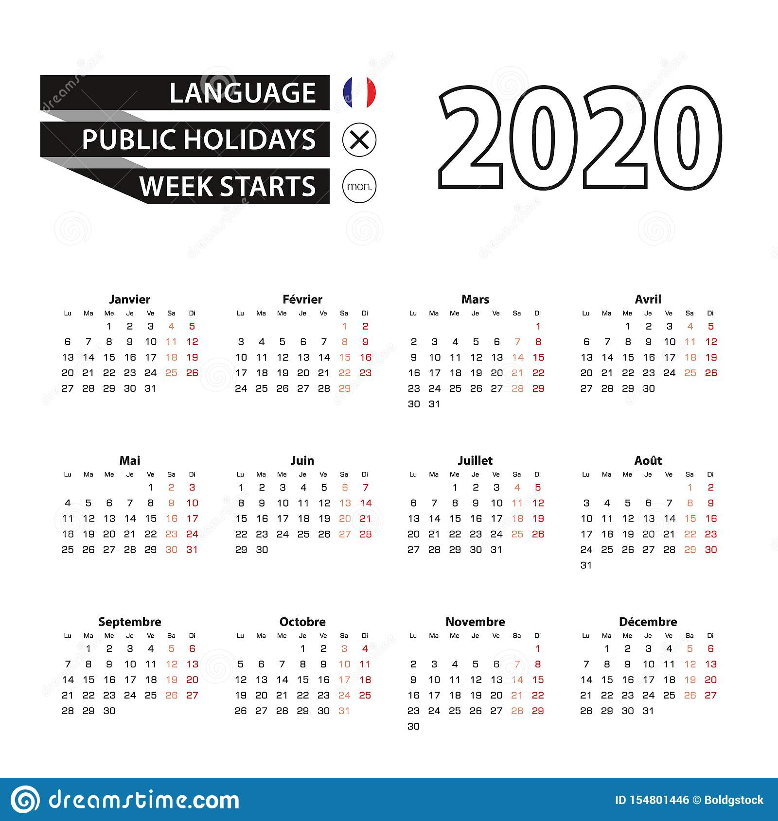 Calendar 2020 In French Language, Week Starts On Monday