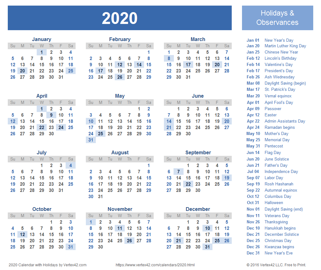 Calendar 2020 Printable With Holidays - Wpa.wpart.co