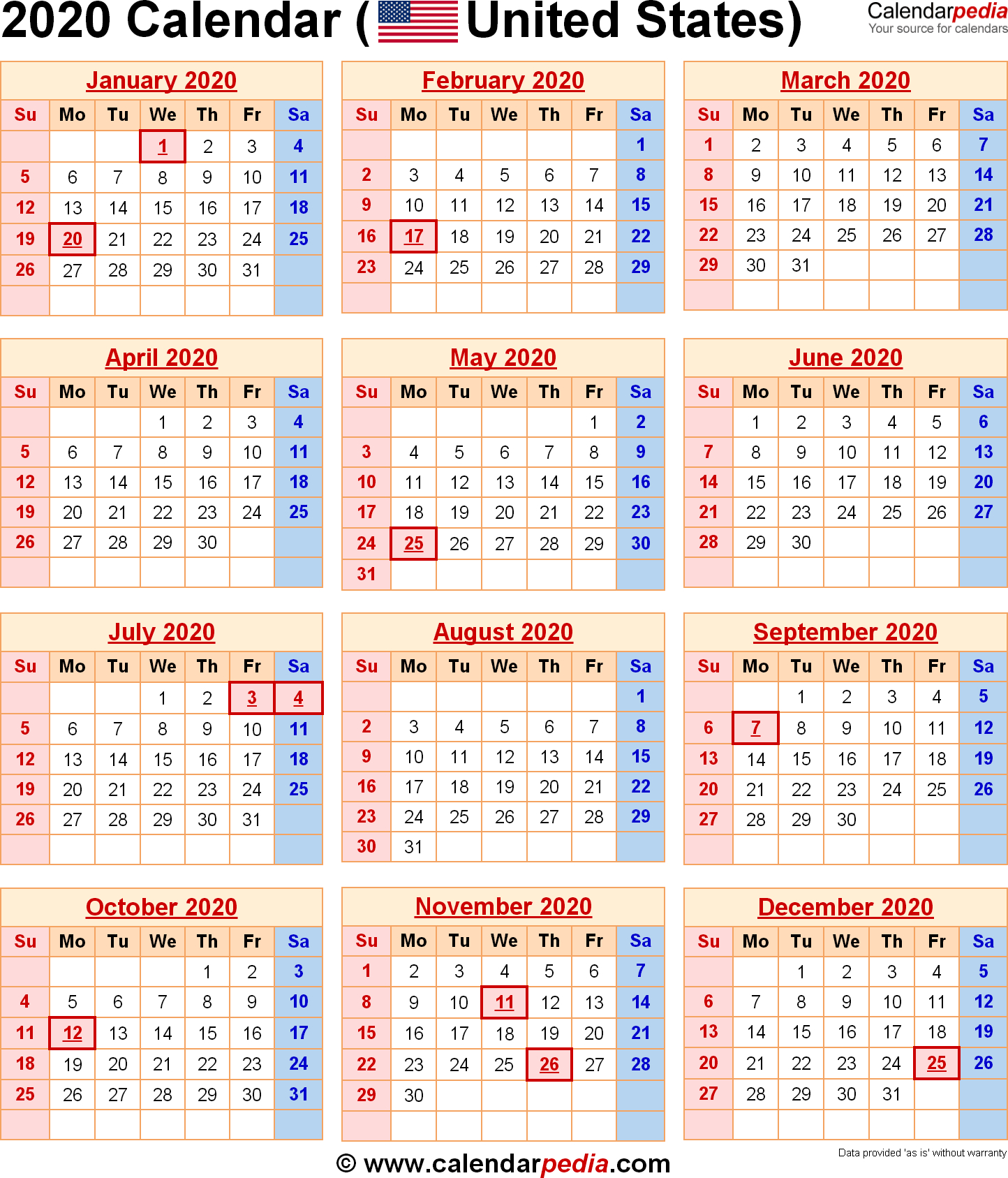 Calendar 2020 Printable With Holidays - Wpa.wpart.co