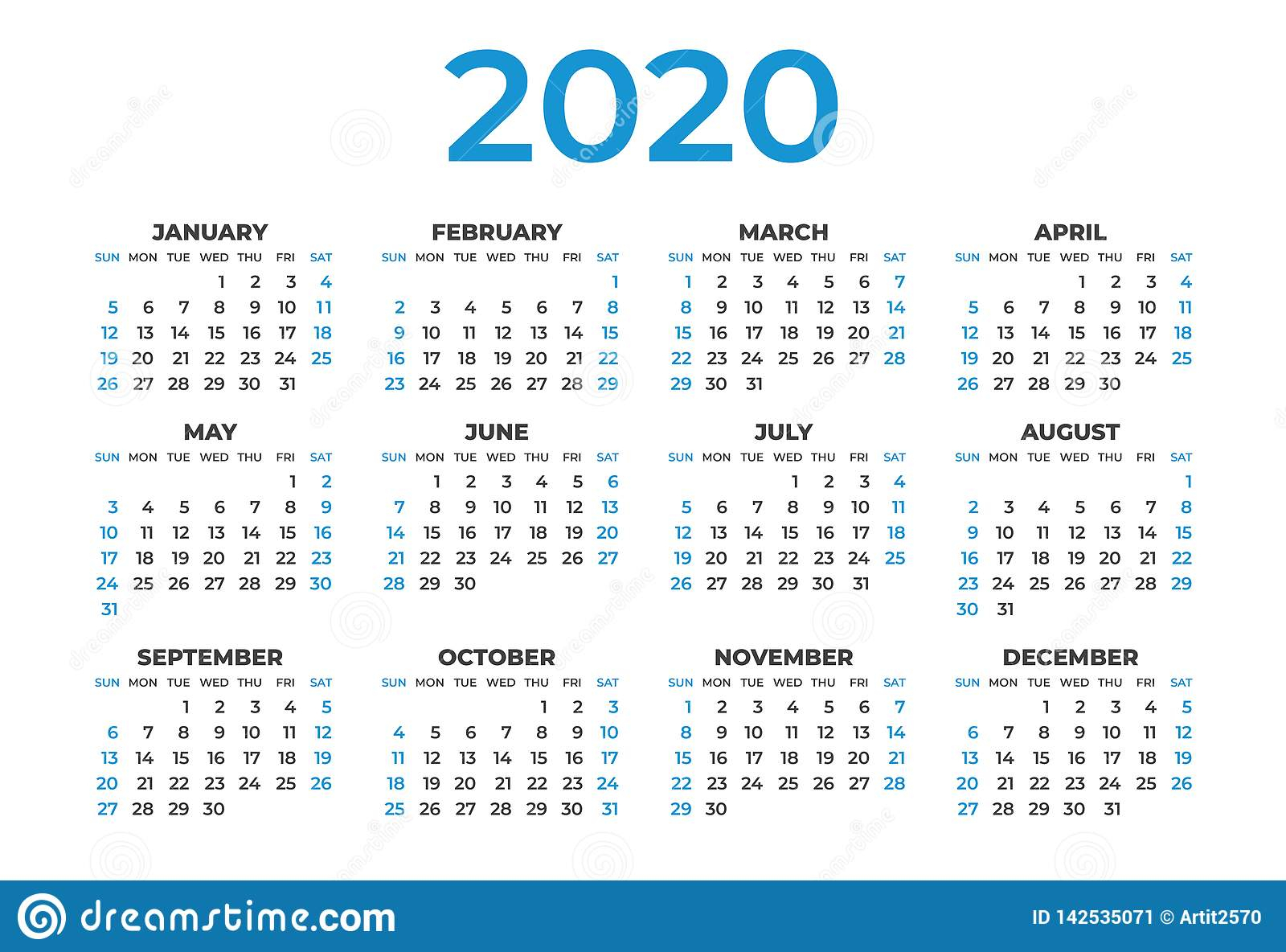 Calendar 2020 Template Layout, Blue Concept, Business