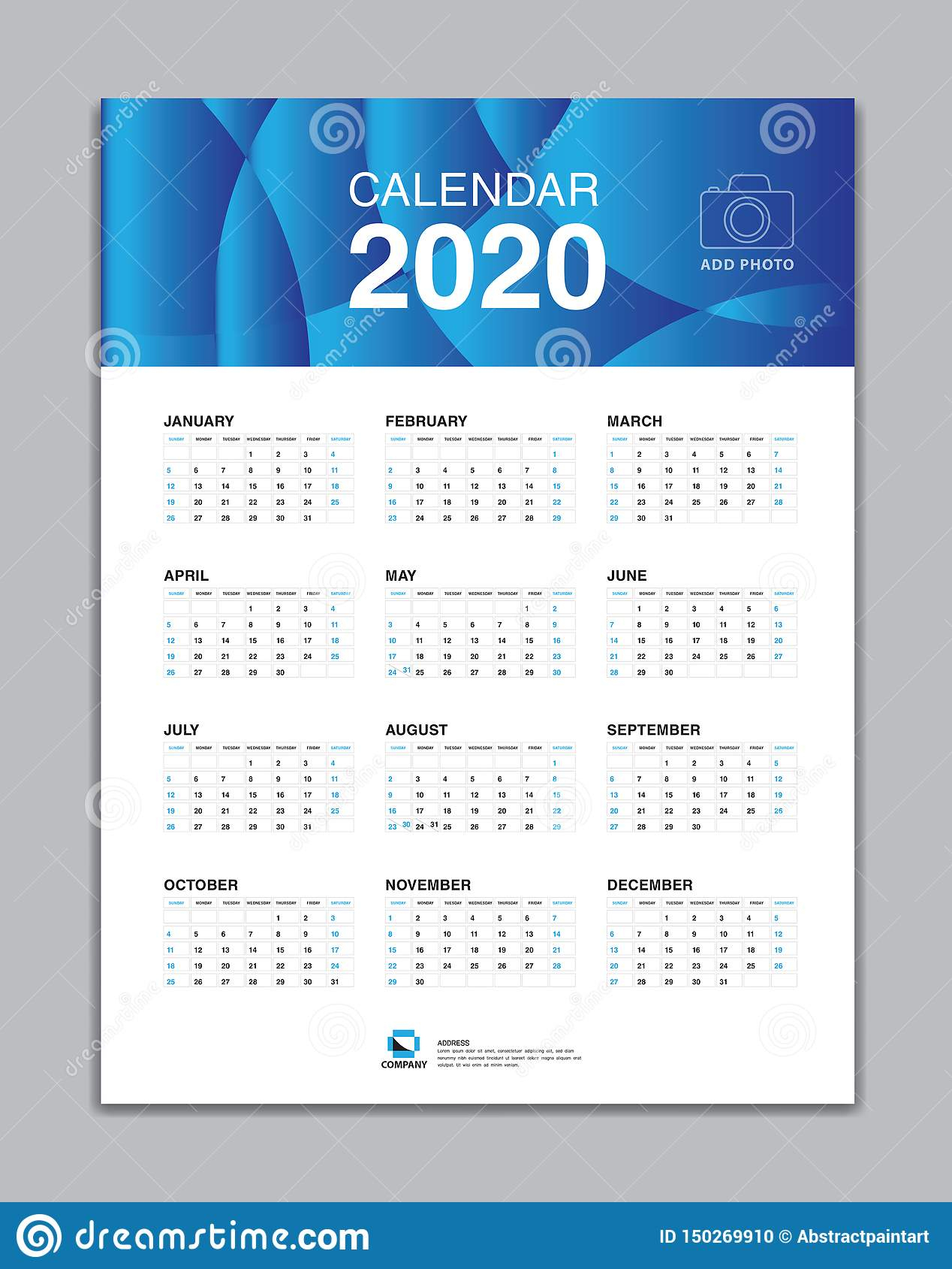 Calendar 2020 Template, Wall Calendar 2020 Vector, Desk