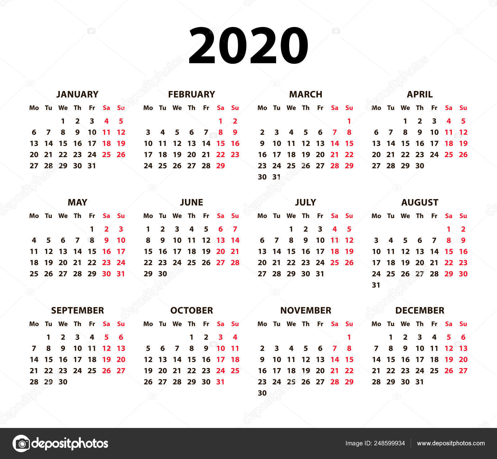 Calendar 2020 Vector Image | Calendar Printables Free Templates