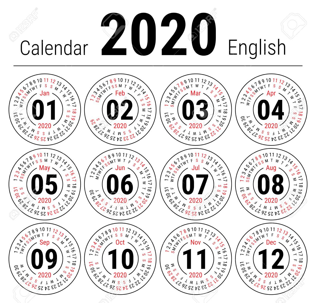 Calendar 2020. Vector English Round Calender. January, February,..