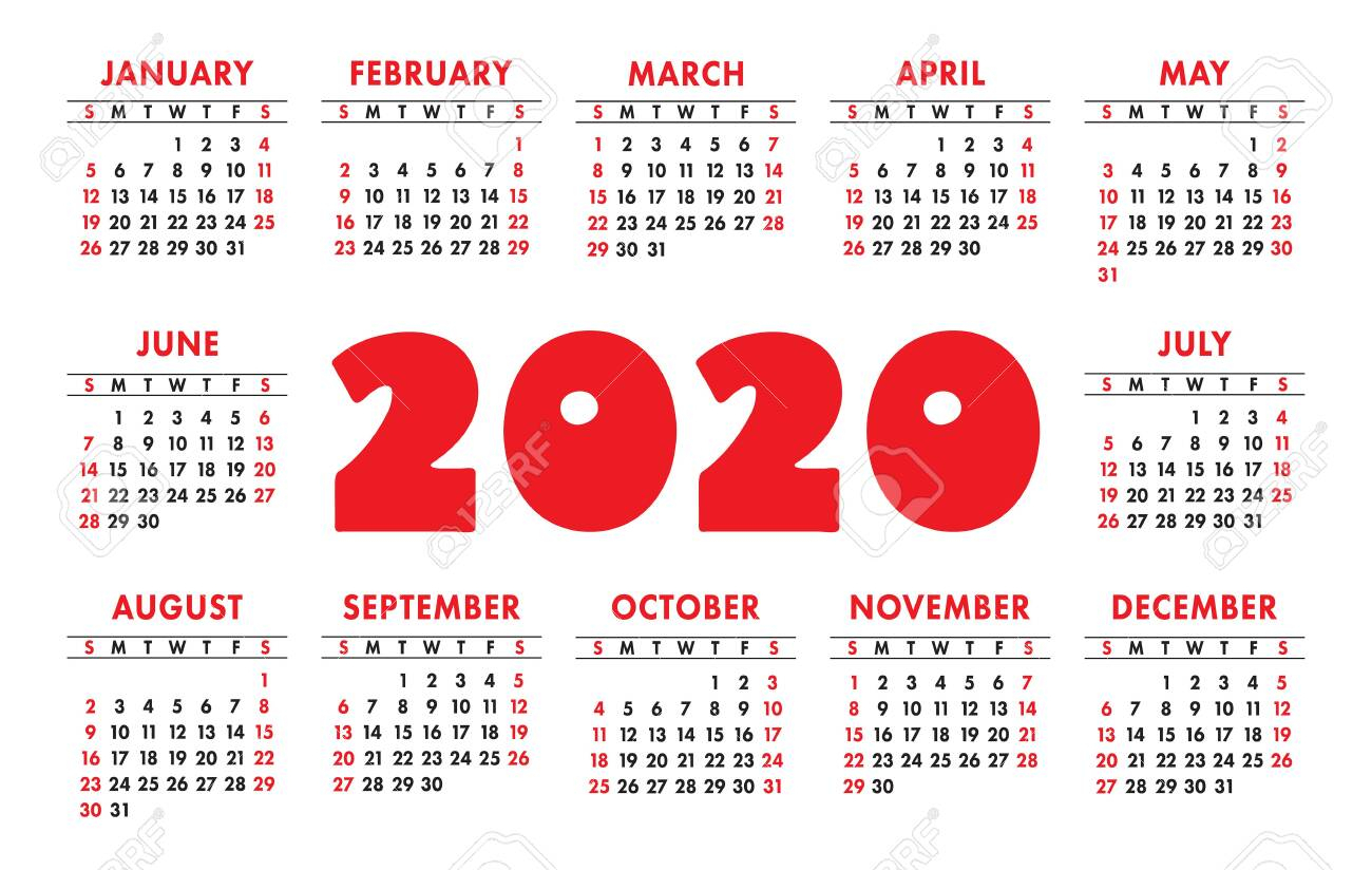 Calendar 2020 Vector Grid. English Template. Kids Design