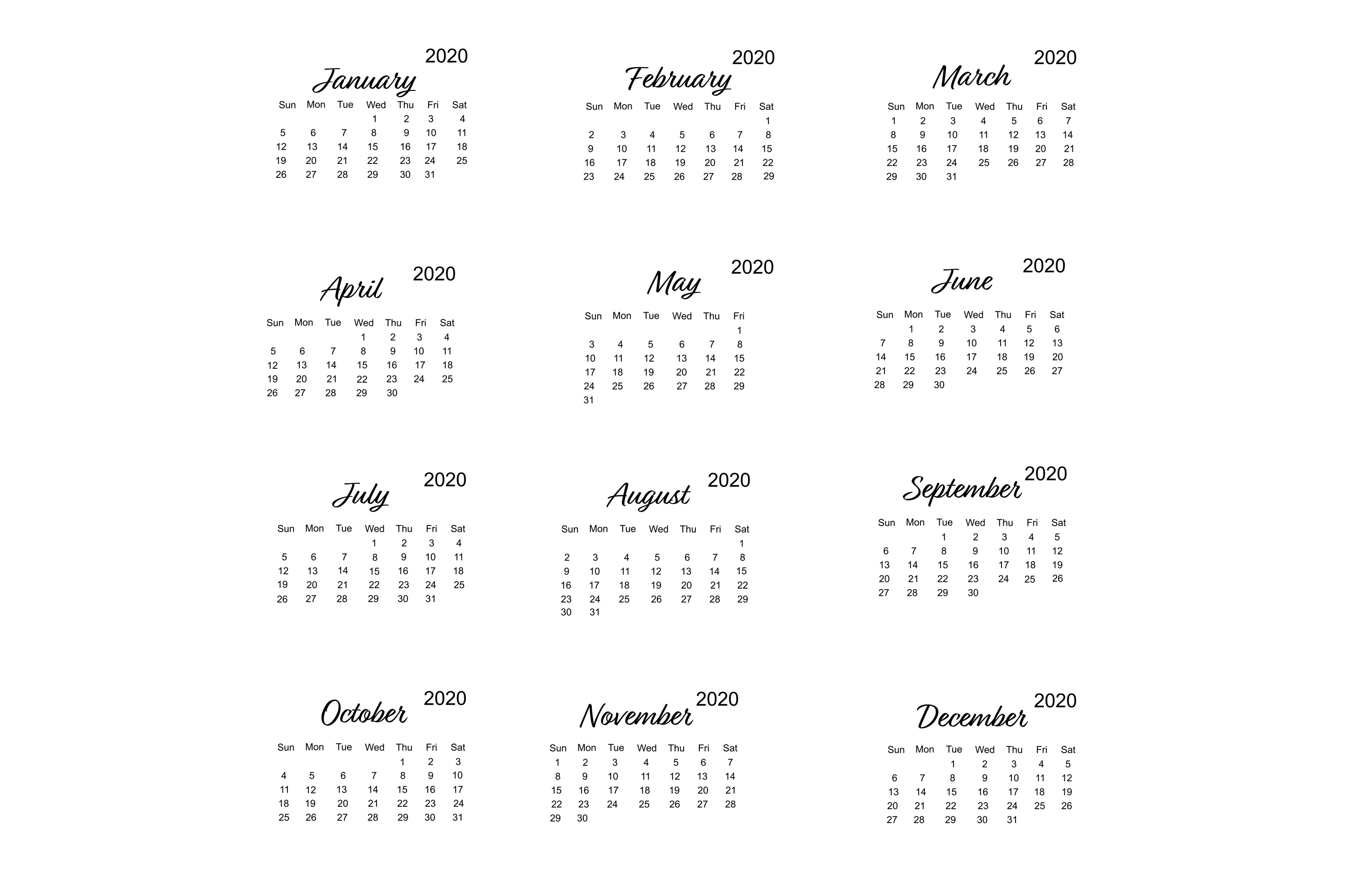 Calendar 2020 Vector With Minimalistic Design