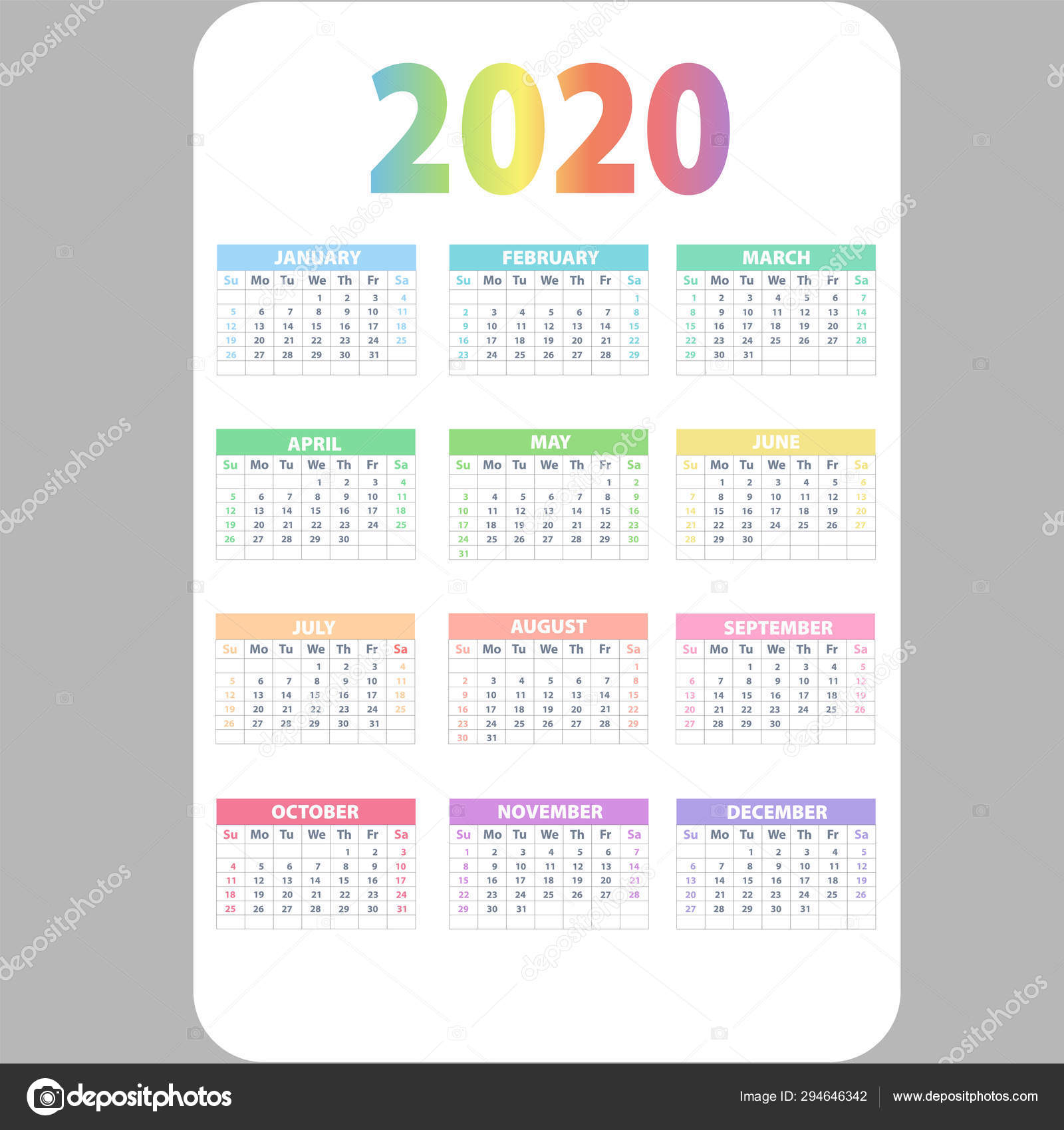 Calendar 2020. Wall Planner Calendars, Week Starts Grid And