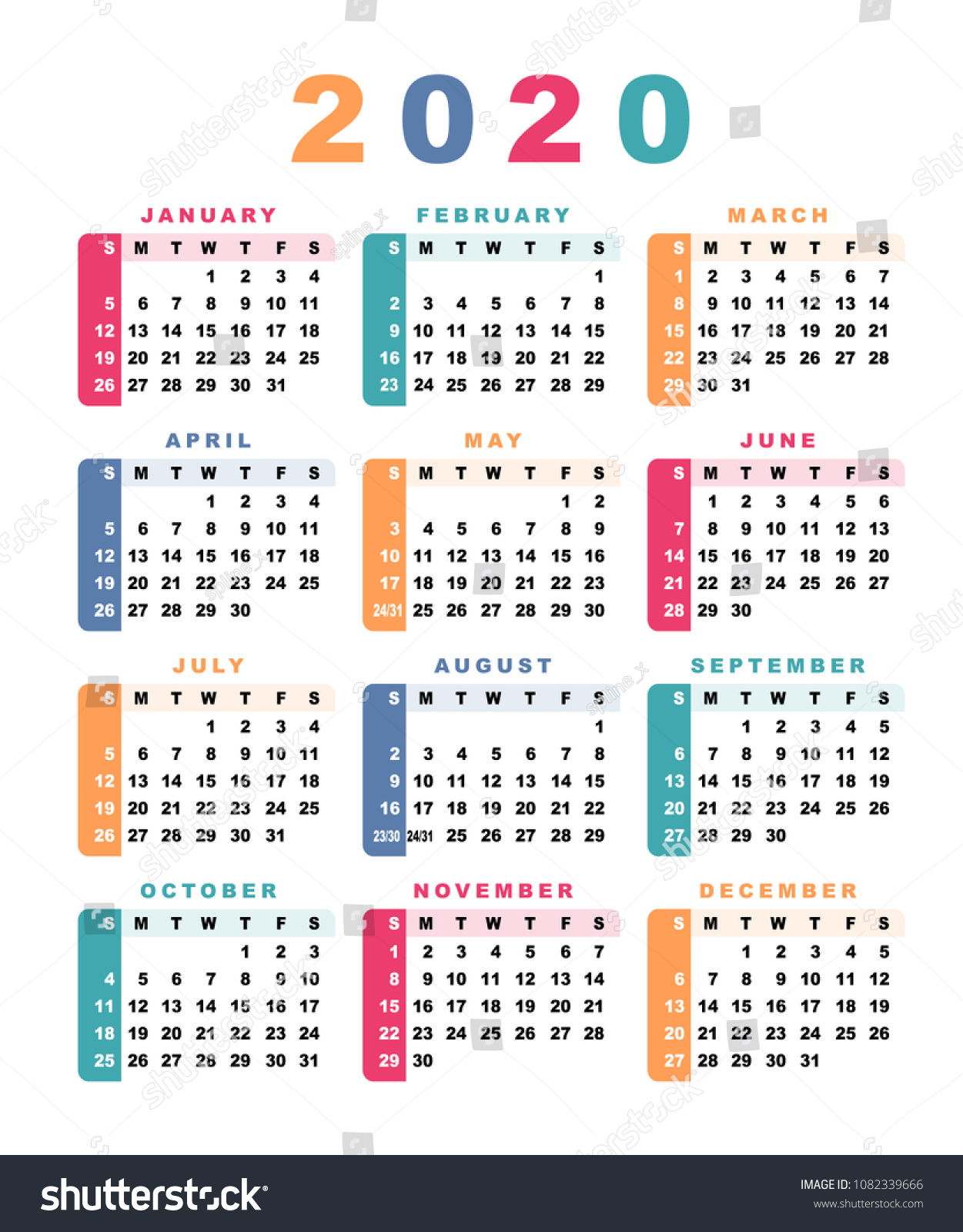 Calendar 2020 Week Starts Sunday Vector Stock Vector