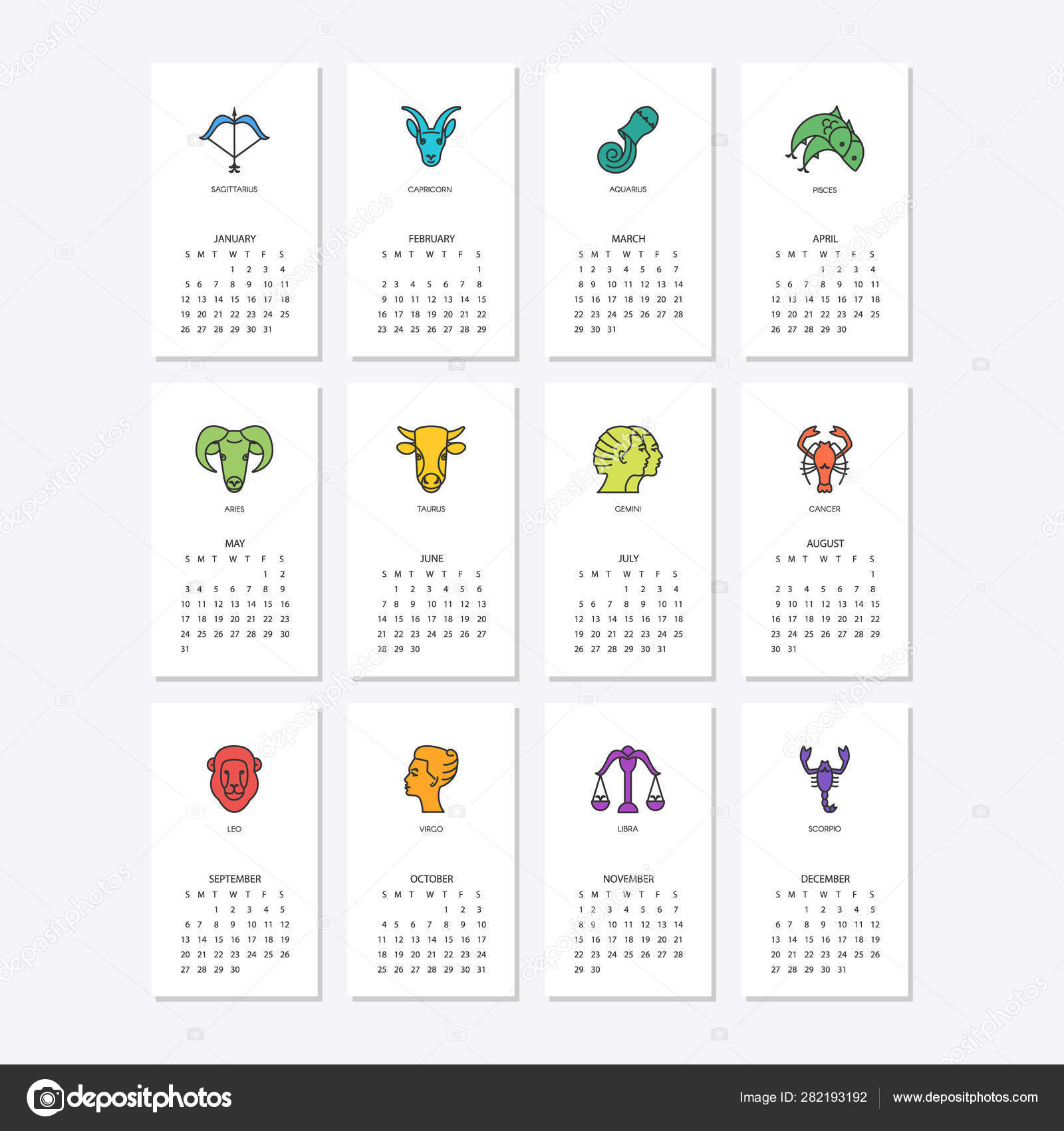 Calendar 2020 With Horoscope Signs Zodiac Symbols Set