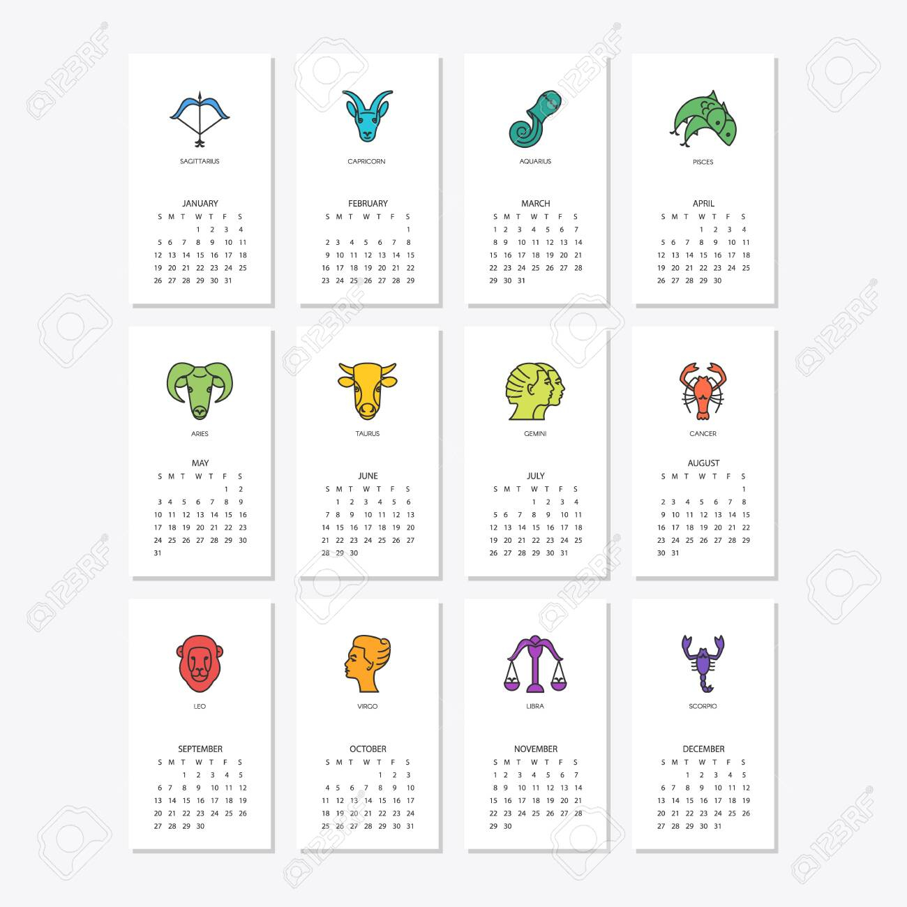 Calendar 2020 With Horoscope Signs Zodiac Symbols Set