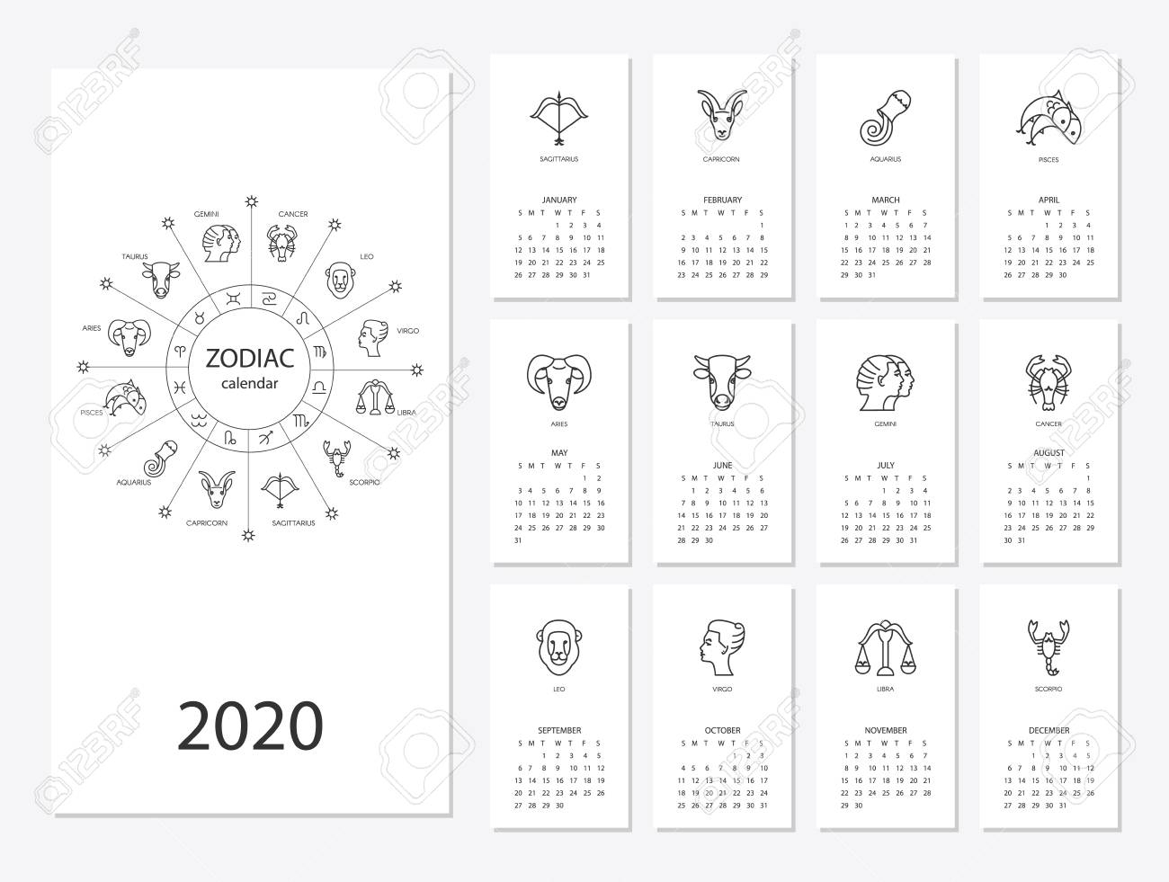 Calendar 2020 With Horoscope Signs Zodiac Symbols Set, Flat Colored..