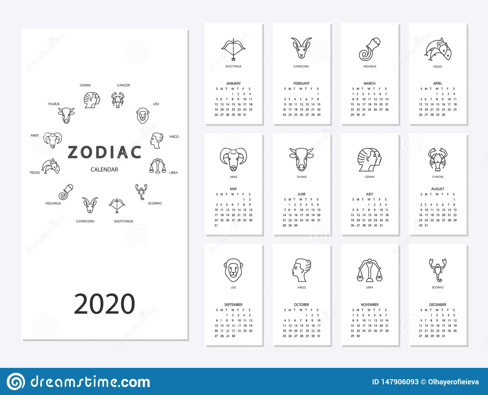 Calendar 2020 With Horoscope Signs Zodiac Symbols Set Stock