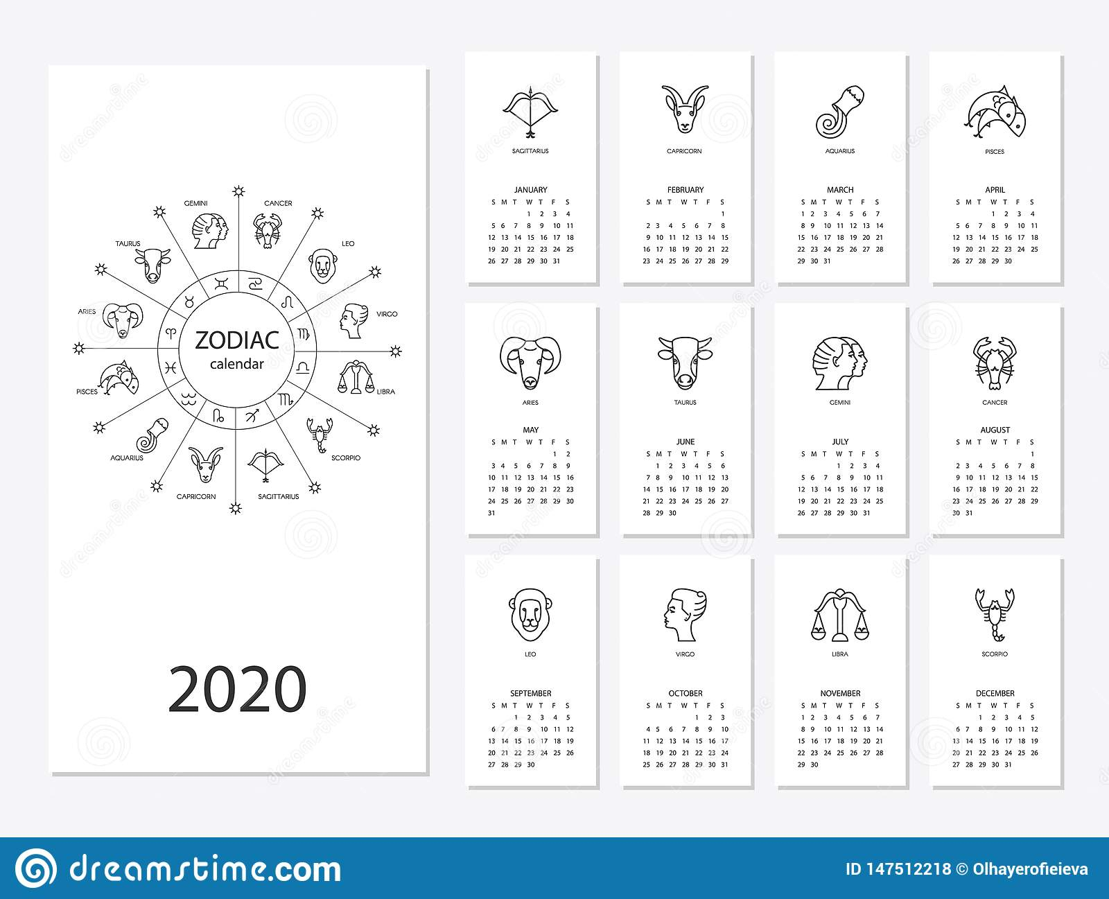 Calendar 2020 With Horoscope Signs Zodiac Symbols Set Stock