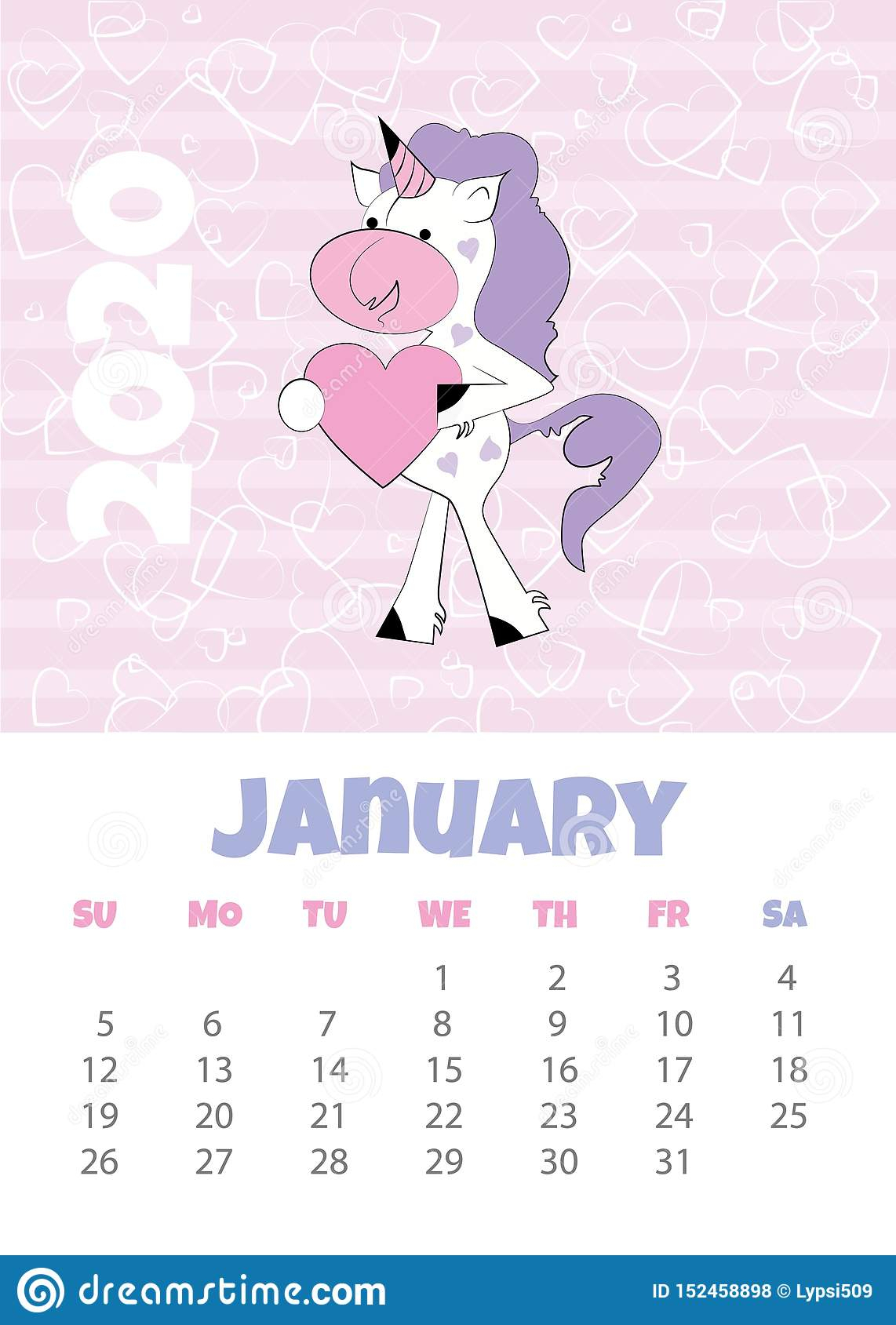 Calendar 2020 With Unicorn. Vector Illustration. Funny