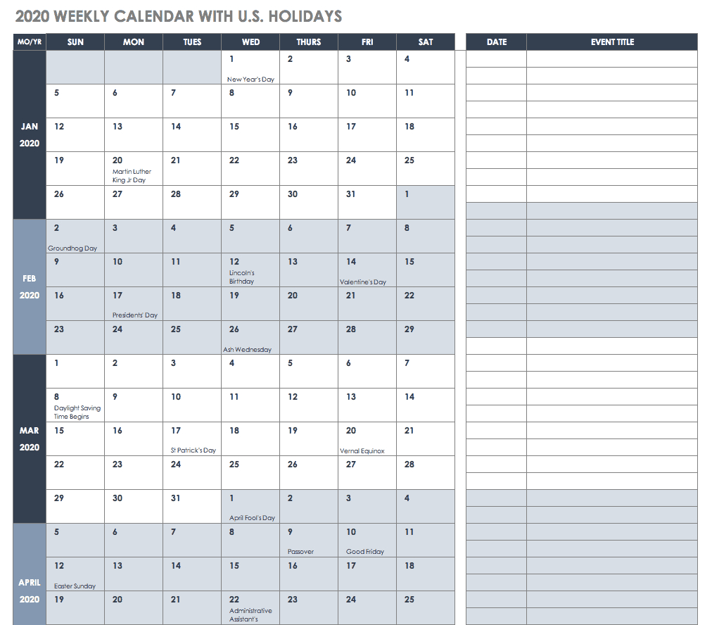 Calendar Week 2020 Xls