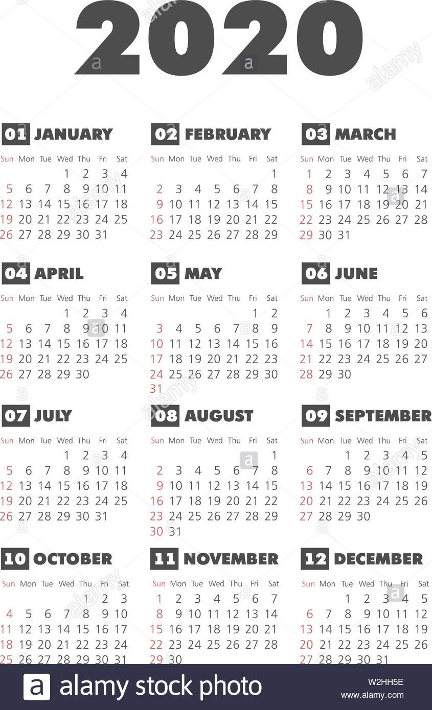 Calendar 2020 Year. Black And White Vector Template. Week