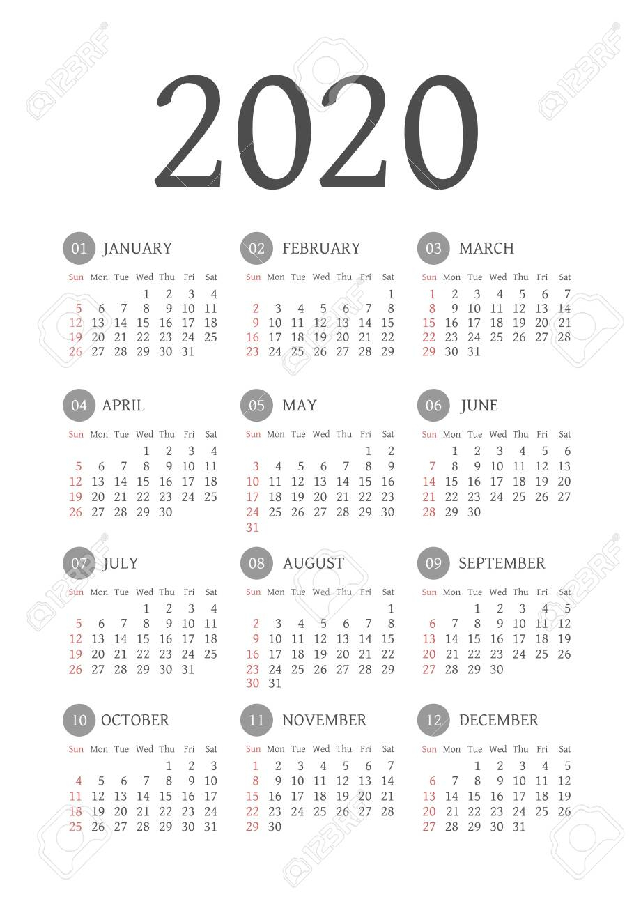 Calendar 2020 Year. Black And White Vector Template. Week Starts..