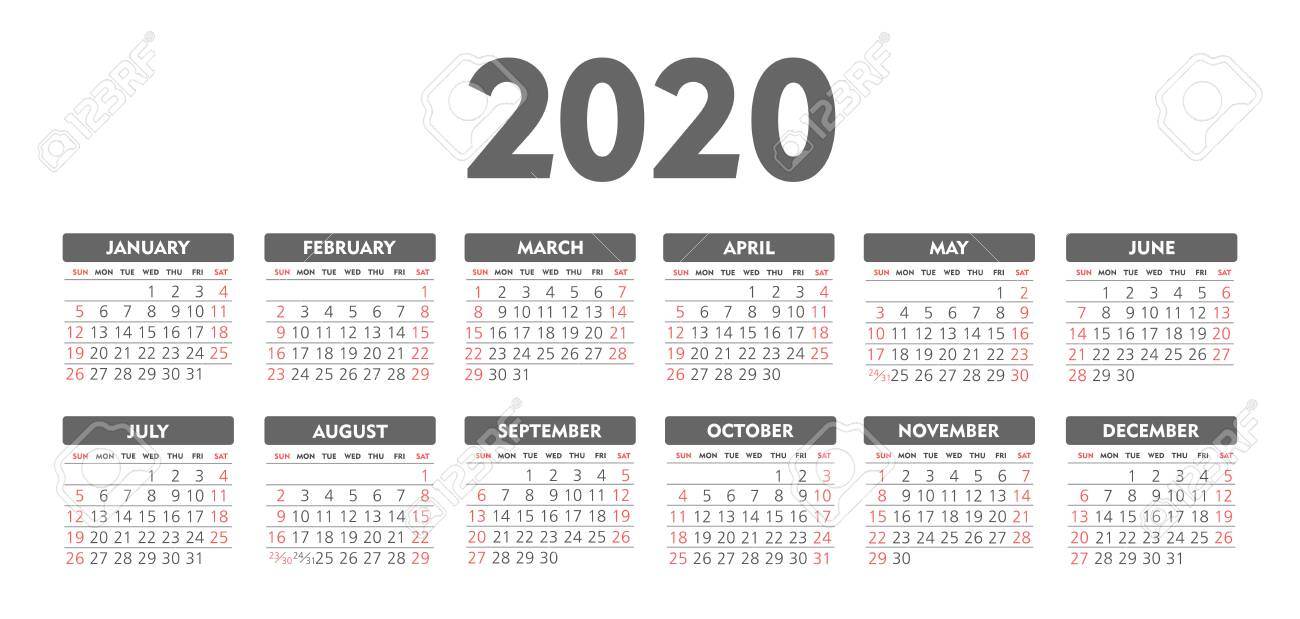 Calendar 2020 Year. Black And White Vector Template. Week Starts..