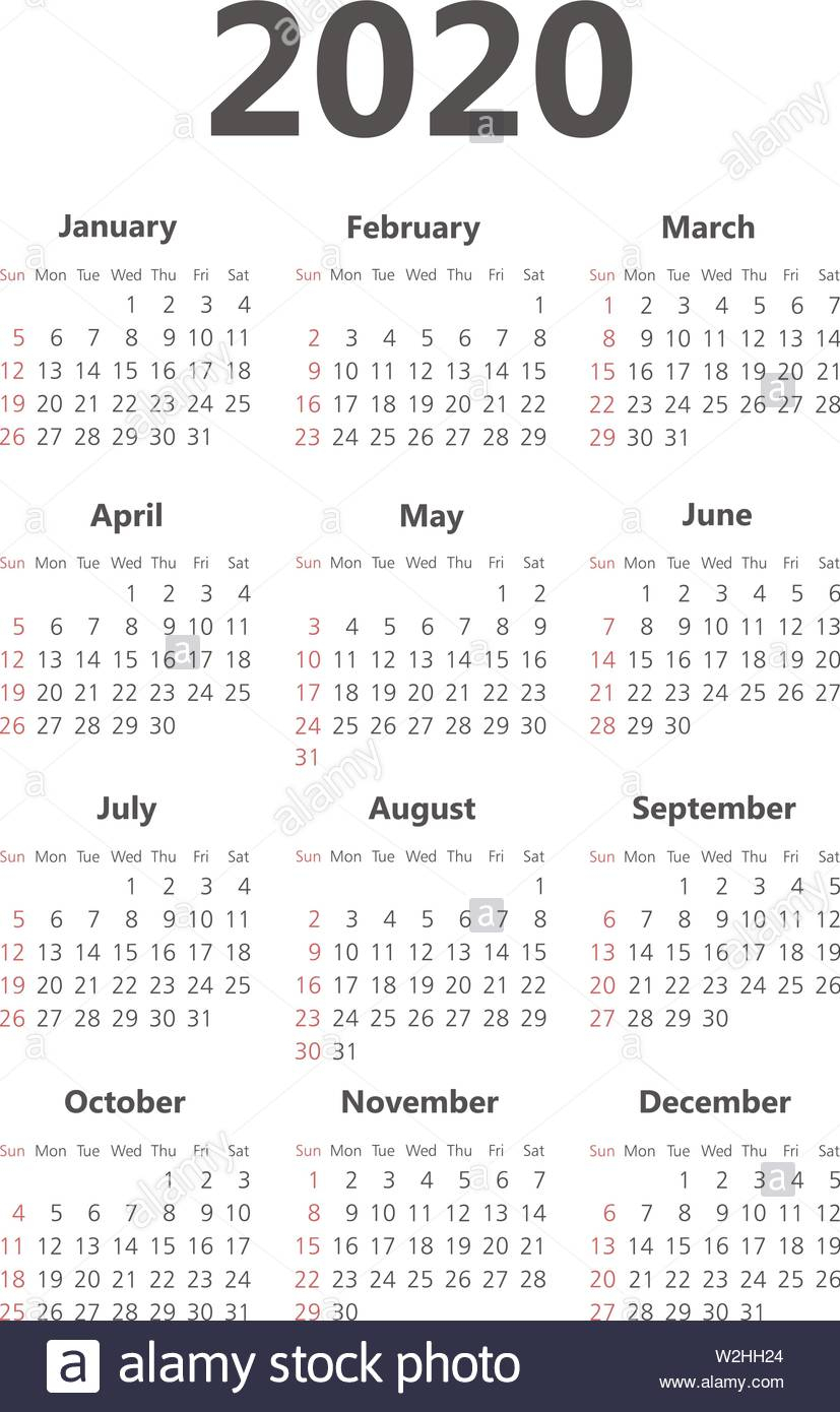 Calendar 2020 Year. Black And White Vector Template. Week