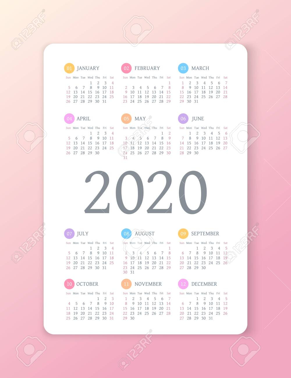 Calendar 2020 Year. Color Vector Template. Week Starts On Sunday