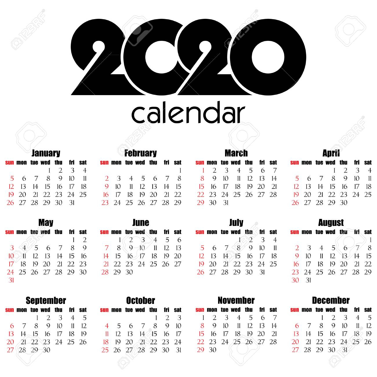 Calendar 2020 Year Flat Design, Simple Style. Week Starts From..