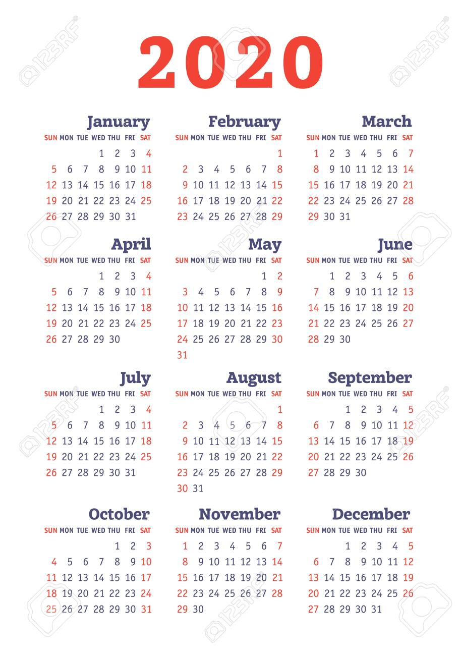 Calendar 2020 Year. Vector Design Template. English Vertical..