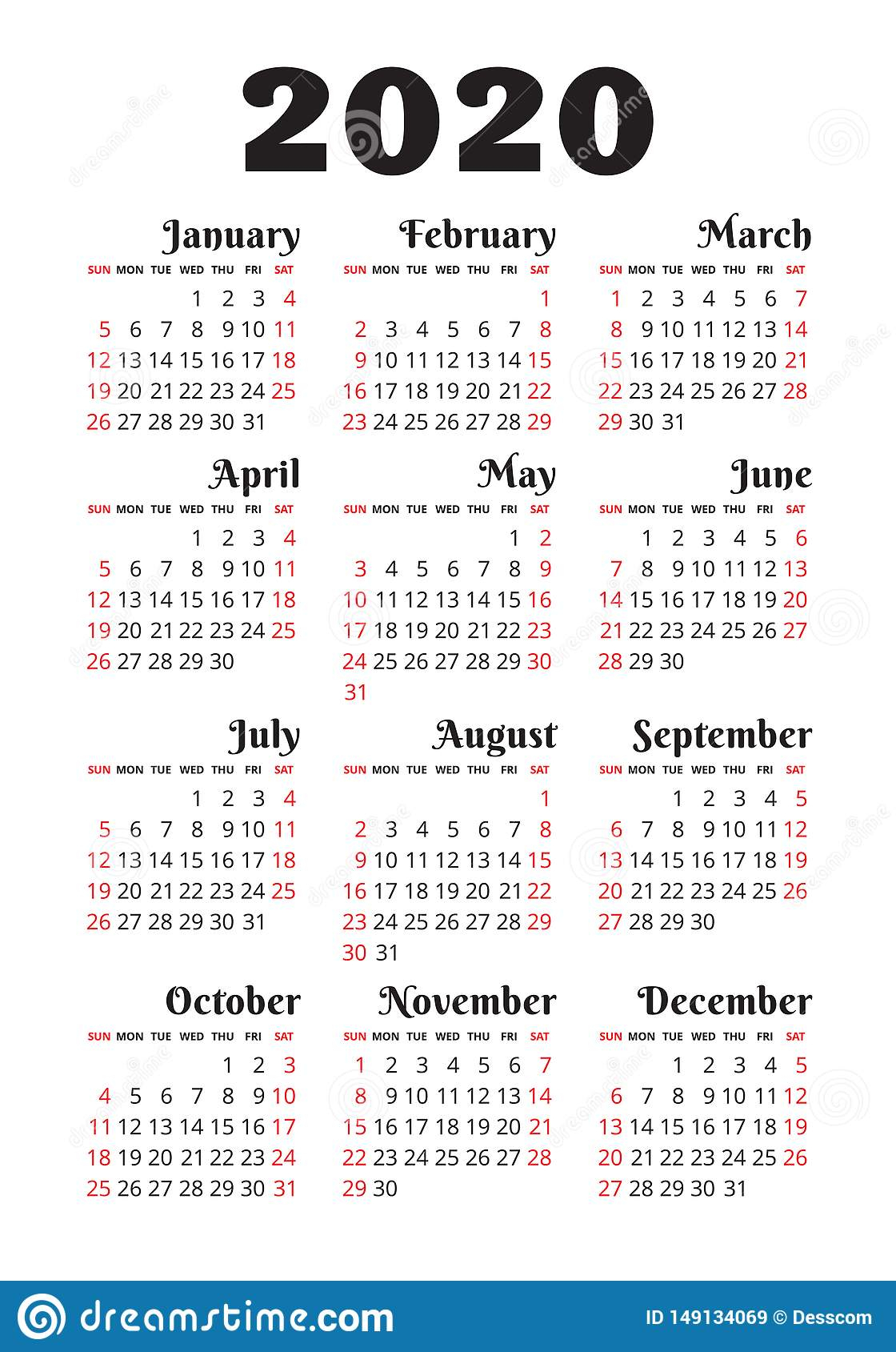 Calendar 2020 Year. Vector Design Template. English Vertical