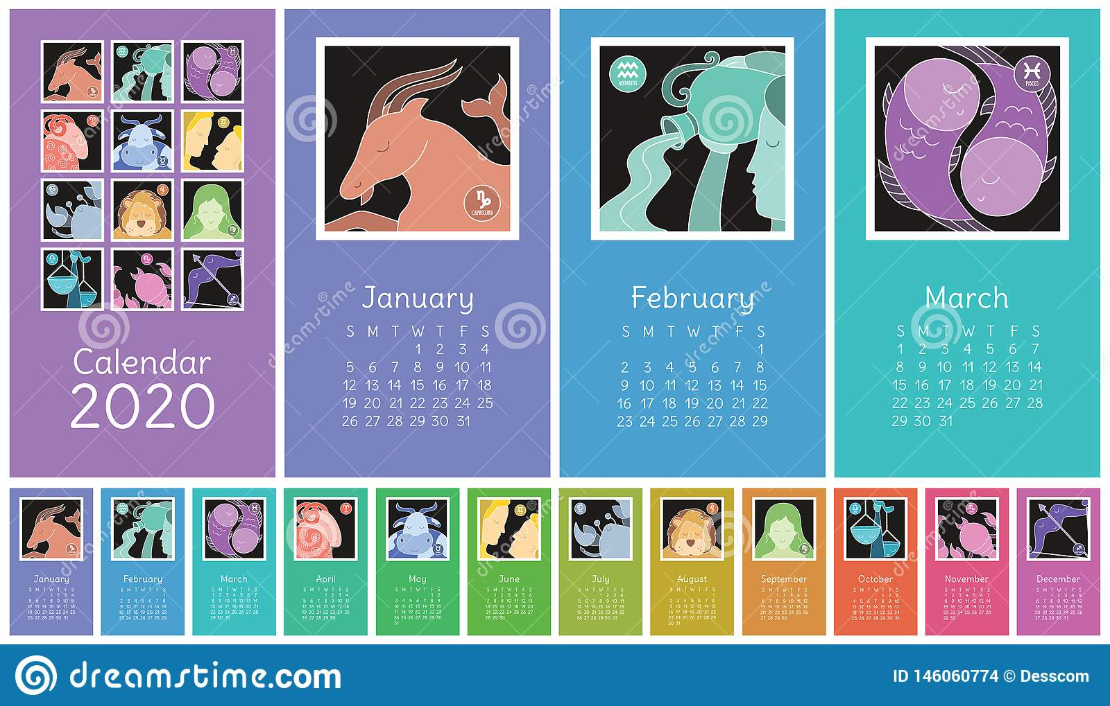 Calendar 2020. Zodiac Signs: Aquarius, Libra, Leo, Taurus