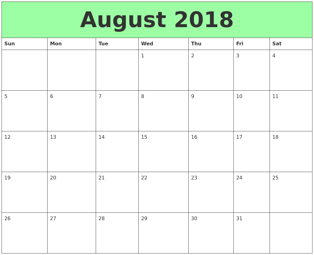 Calendar August 2018 Printable – Landscape Format | Excel