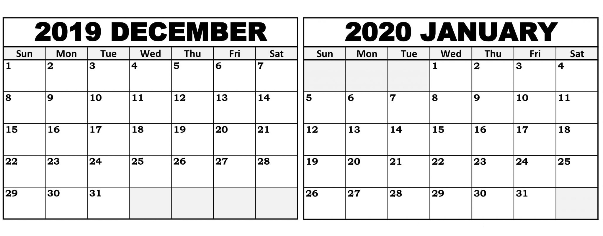 Calendar December 2019 January 2020 Template - 2019