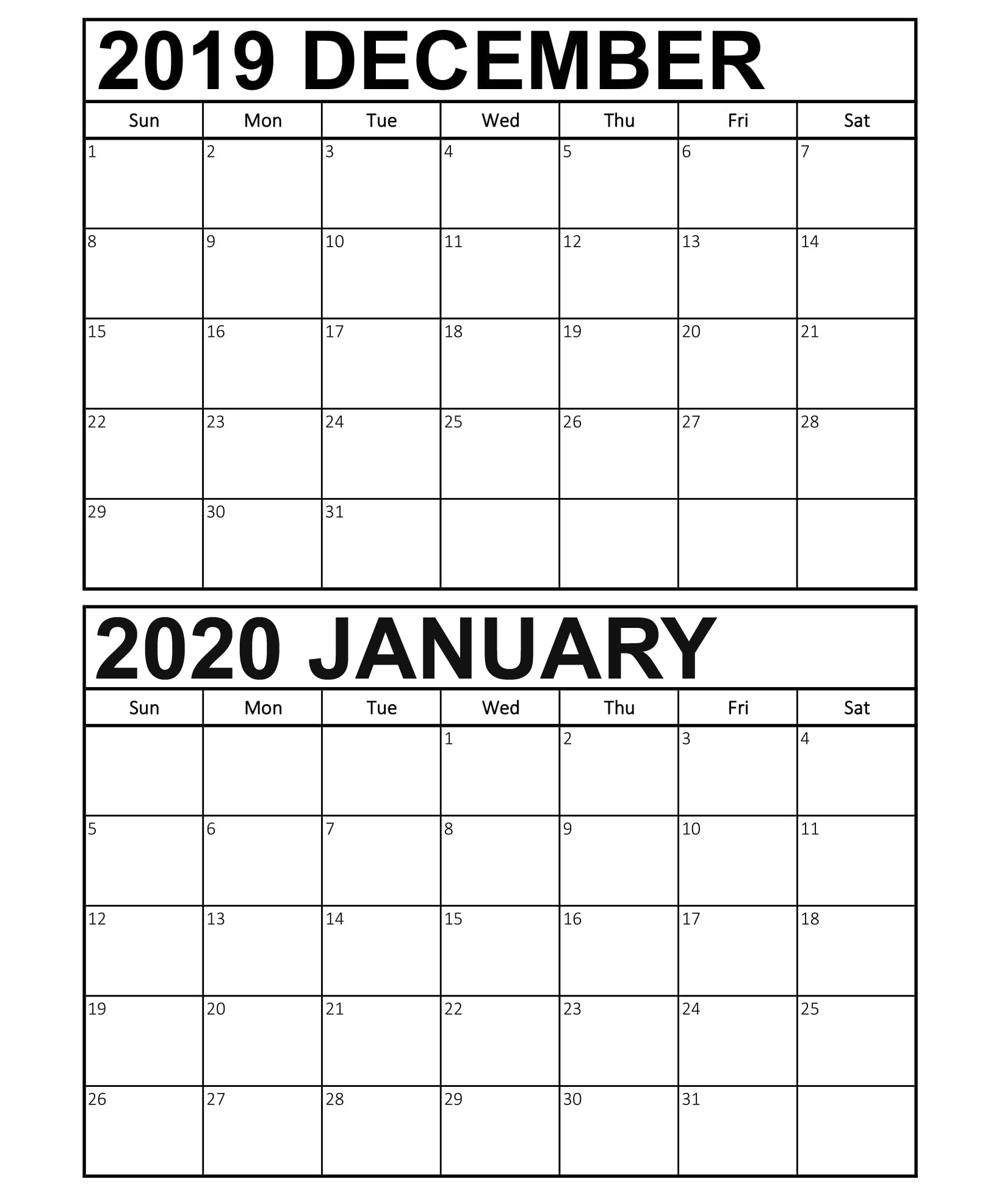 Free Printable Calendar Dec 2020 And Jan 2020 Calendar Printables 