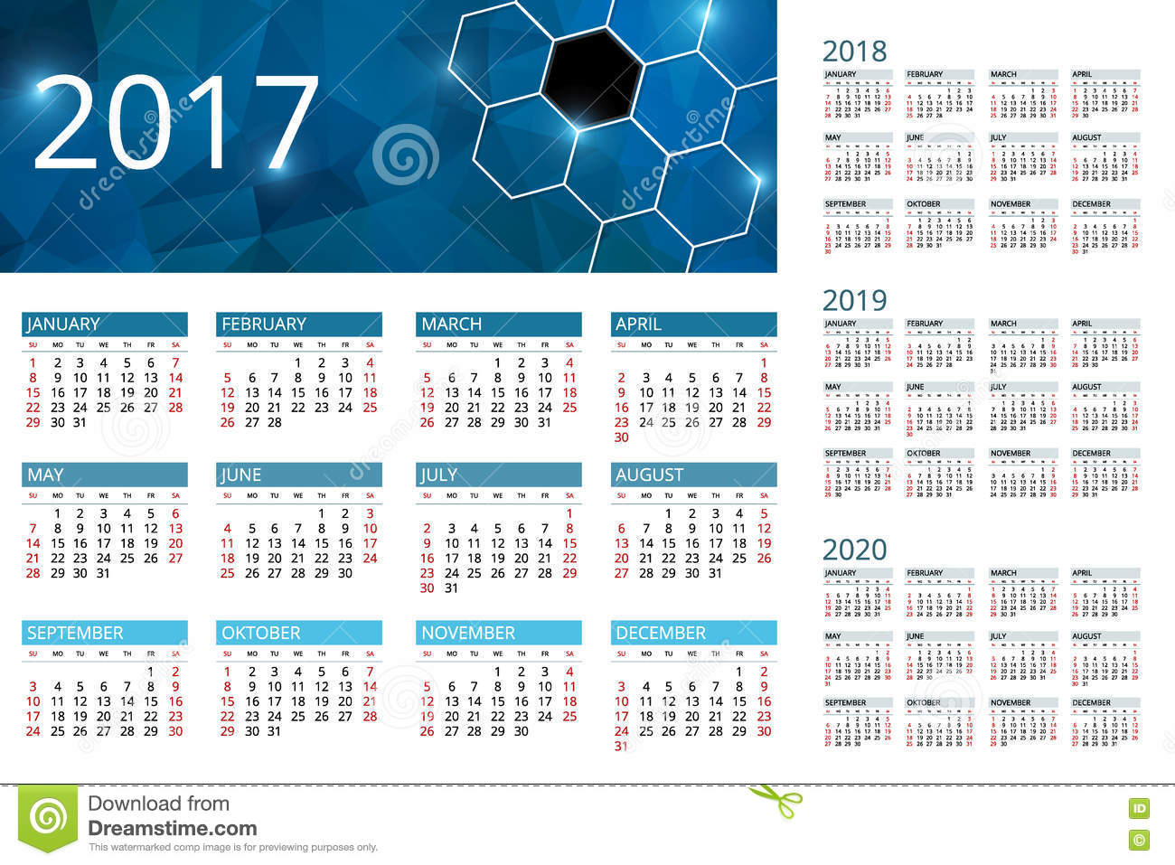 Calendar For 2017, 2018, 2019, 2020. Week Starts Sunday