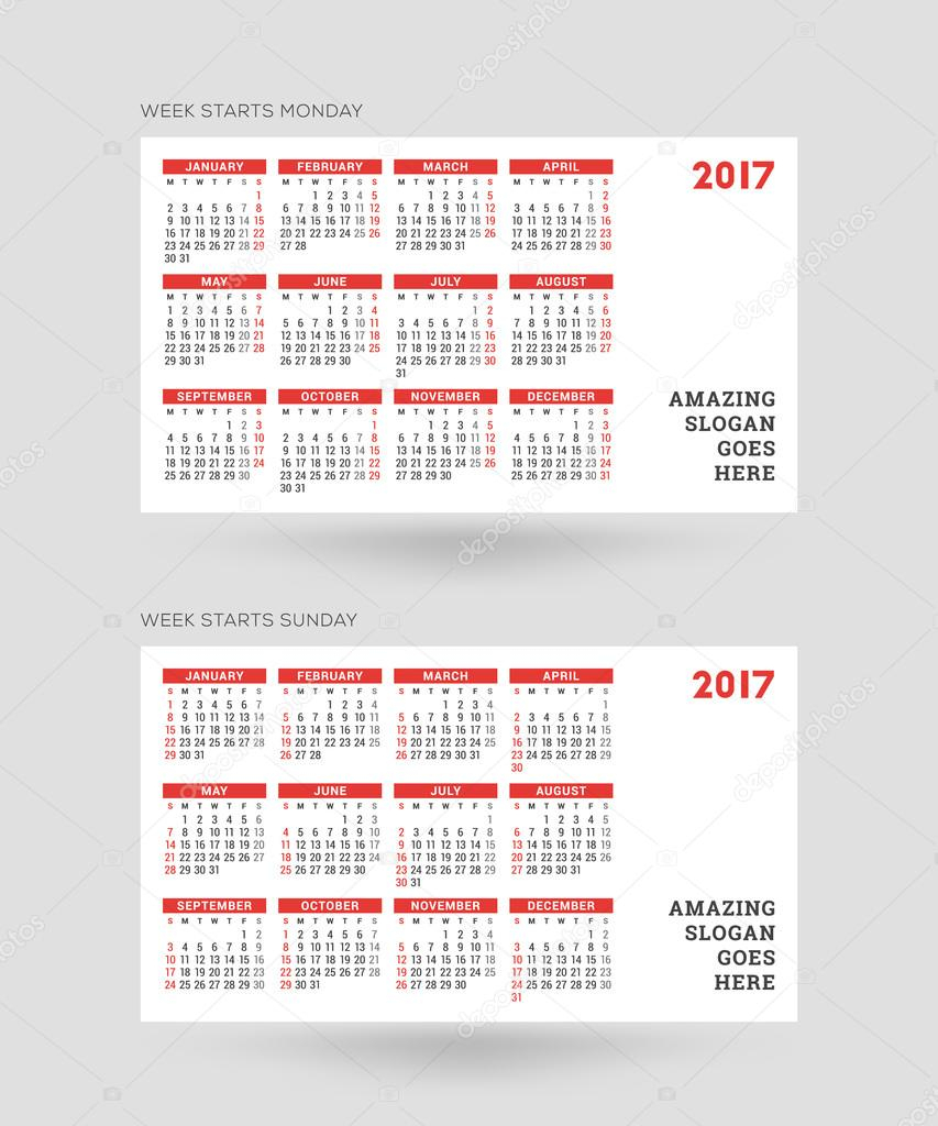 Calendar For 2017 Year. Vector Design Print Template. Week