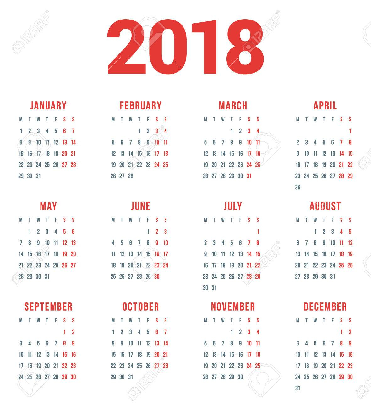 Calendar For 2018 Year On White Background. Week Starts Monday. 4 Columns,  3 Rows. Simple Vector Template. Stationery Design Template