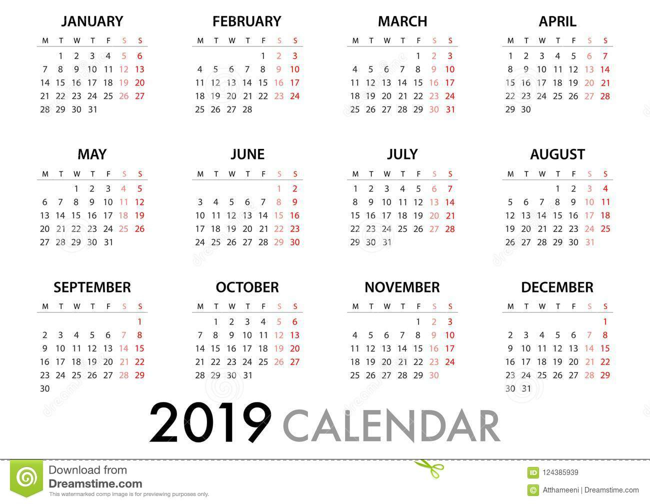 Calendar For 2019 Week Starts Monday. Simple Vector Template
