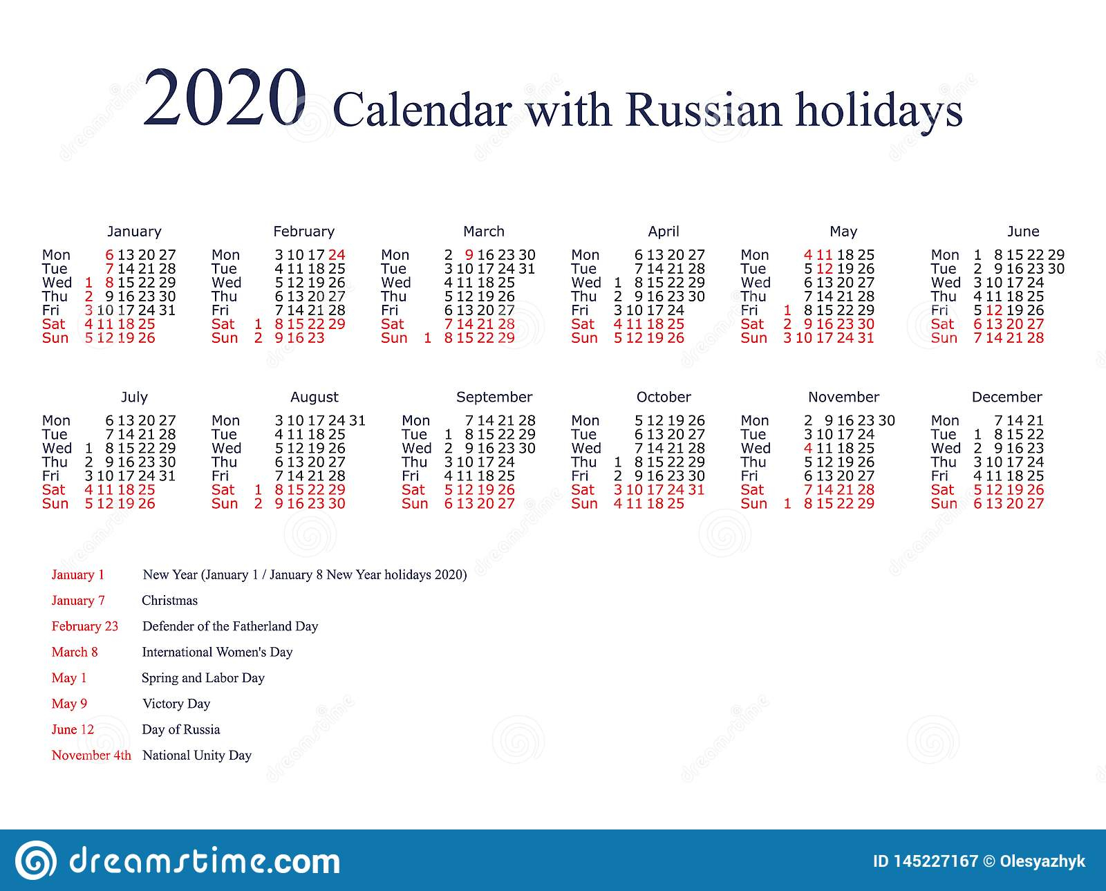 Calendar For 2020 With Russian Holidays And Weekends Stock