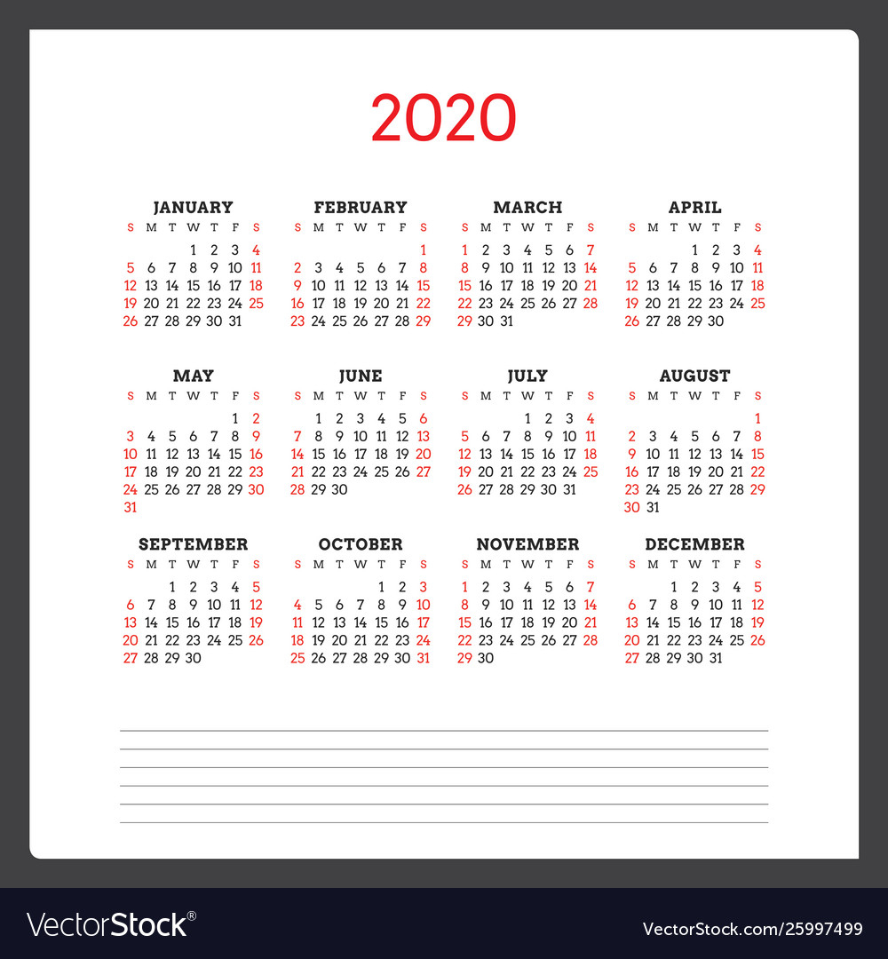 Calendar For 2020 Year Week Starts On Sunday