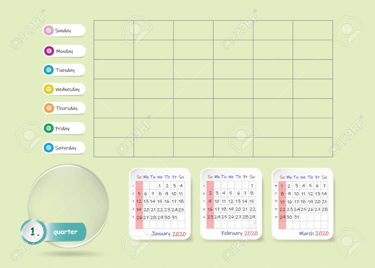 Calendar For First Quarter Of 2020 Year With Weekly Planner Chart..