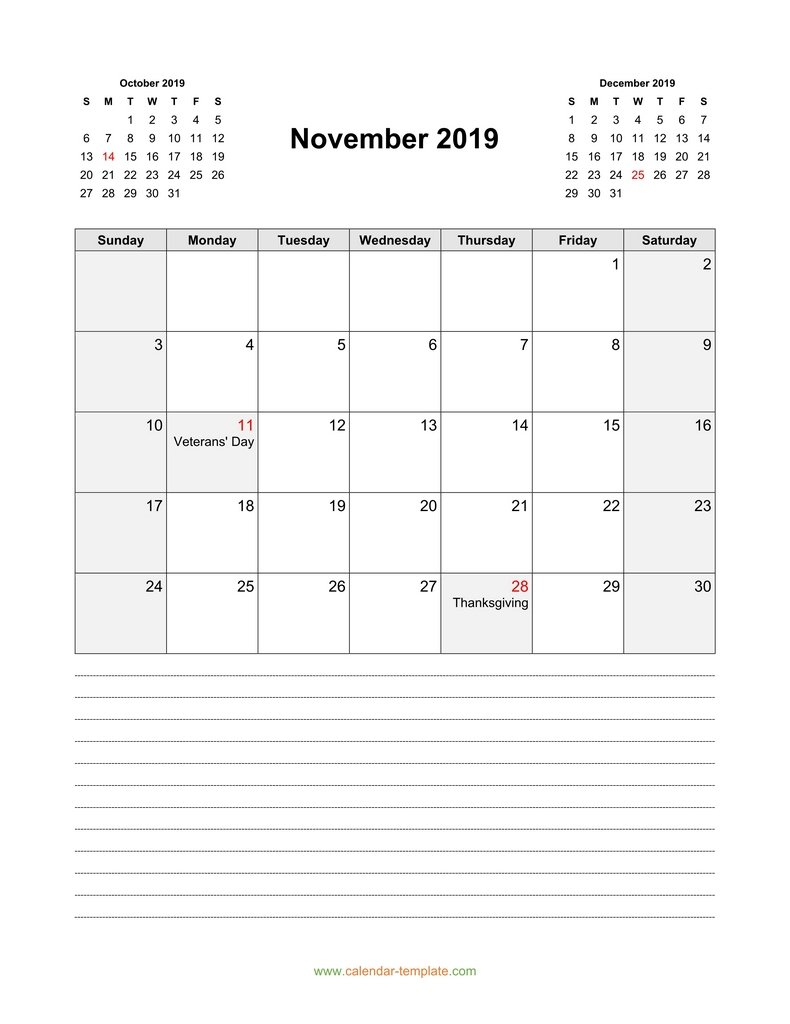 Calendar For November 2019 With Previous, Next Month