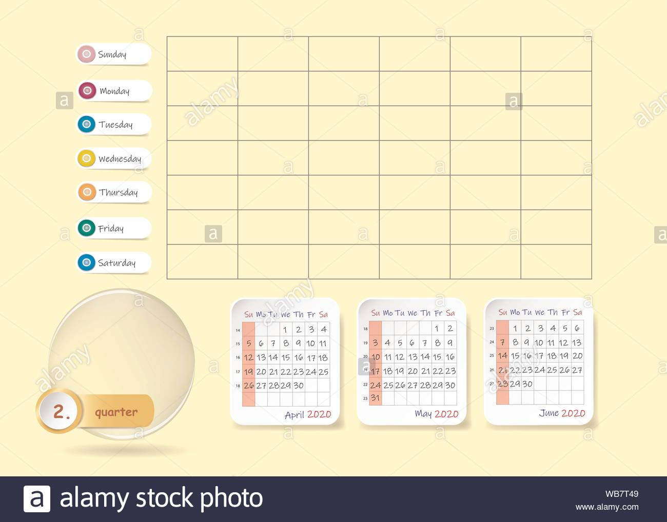 Calendar For Second Quarter Of 2020 Year With Weekly Planner