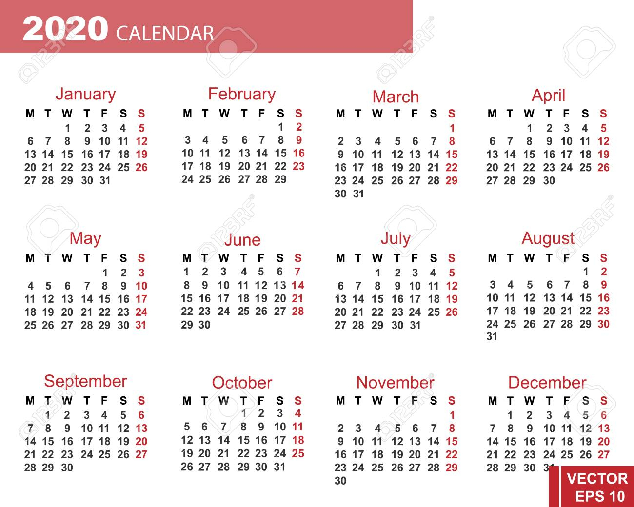 Calendar For The New Year. 2020. Grid. Date. For Your Design.