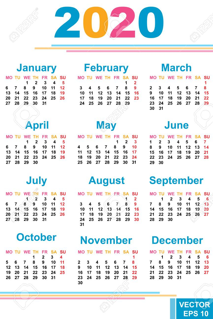 Calendar For The New Year. 2020. Grid. Date. For Your Design.